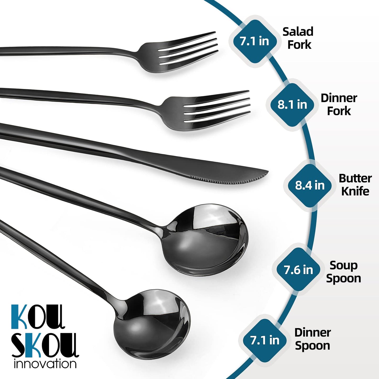 KOUSKOU Mirror Black Silverware Set, 20-Piece Flatware Cutlery Sets Service for 4, Mirror Polished Tableware Set, Utensils for Kitchens, Home and Restaurant, Dishwasher Safe