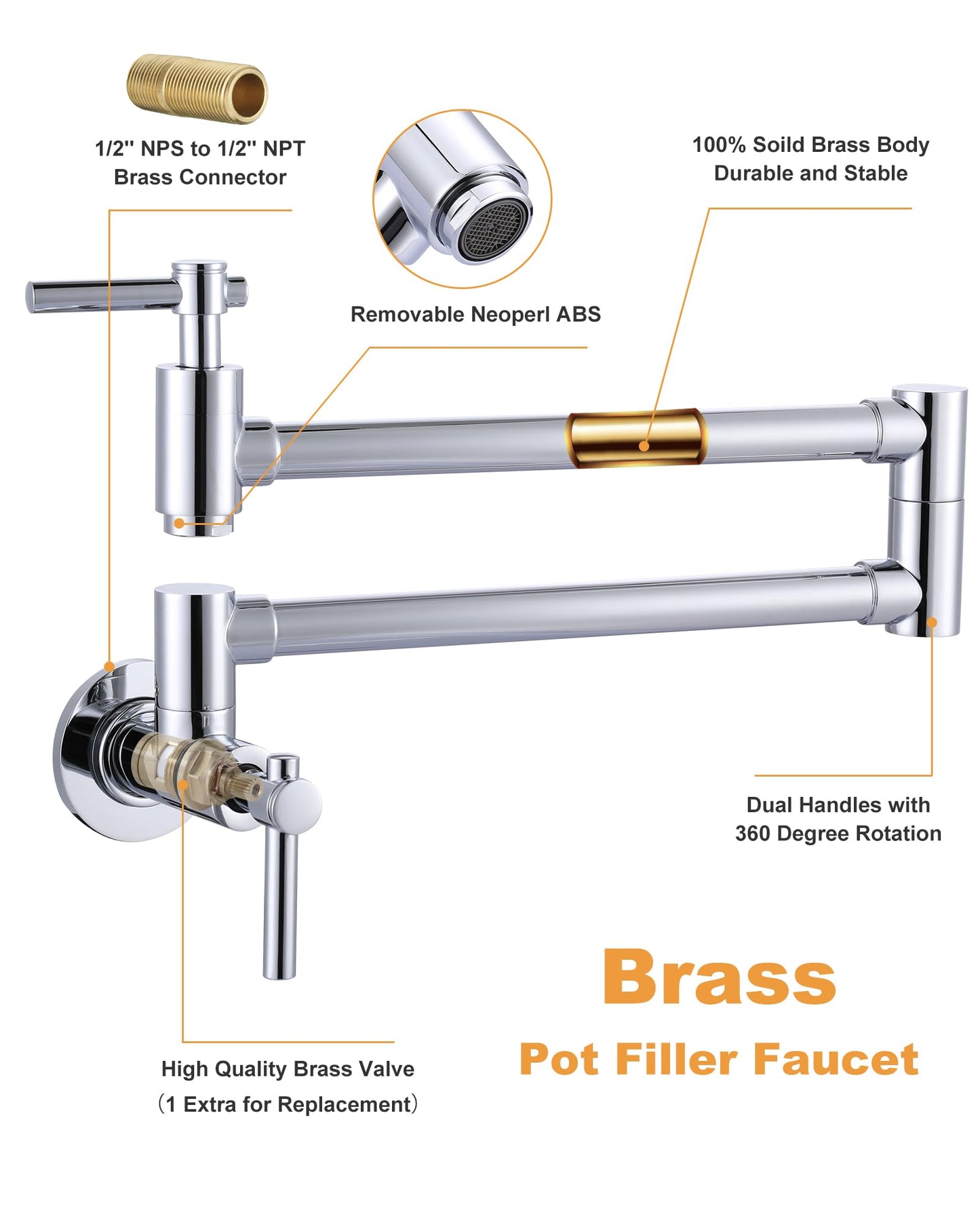 iVIGA Wall Faucet, Pot Fillers Wall Mount for Kitchen, Solid Copper Chrome Pot Filler Single Hole Folding Faucet with Double Joint Swing Arm Pot Filler Over Stove