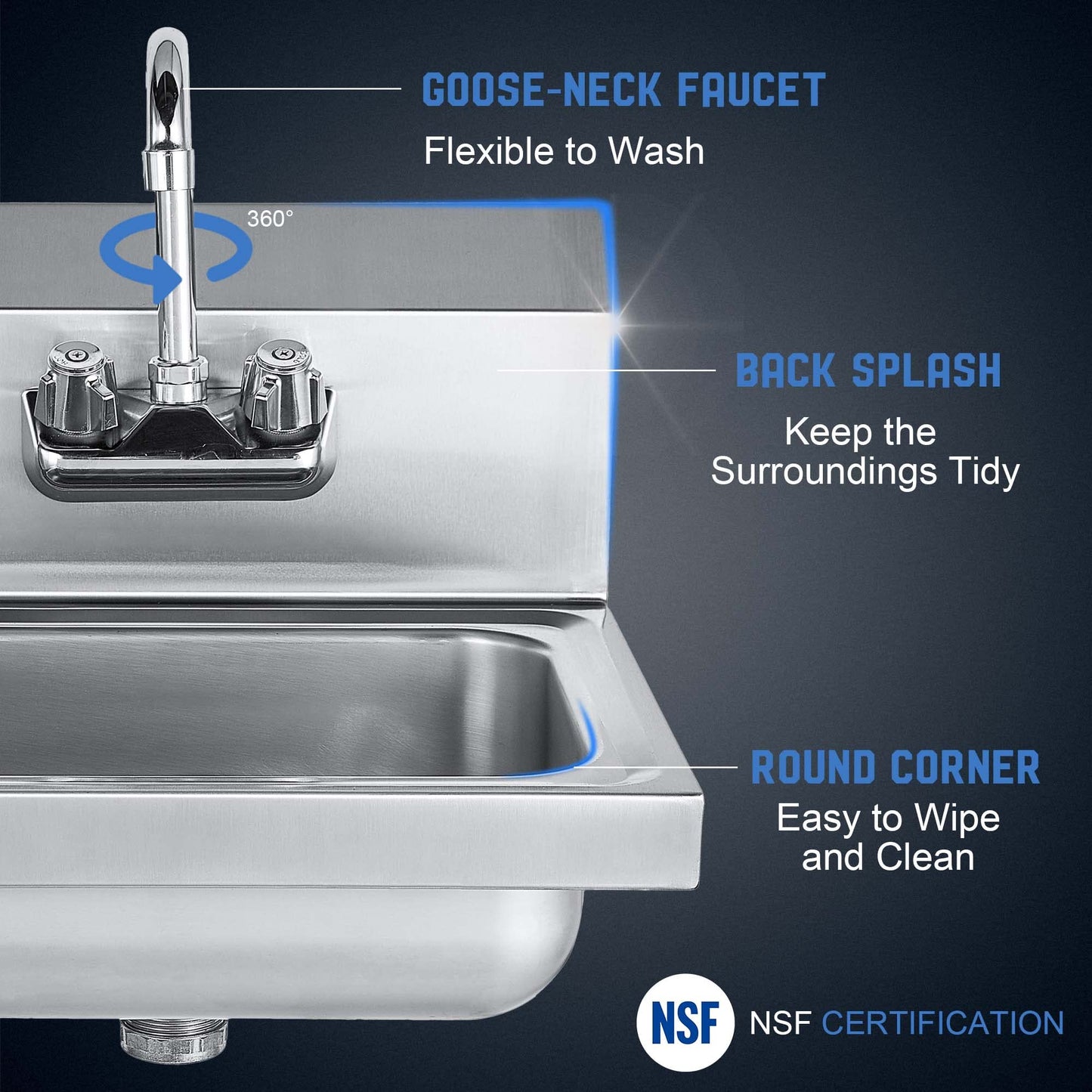 Profeeshaw Commercial Hand Sink, Wall Mount Utility Sink, 304 Stainless Steel Wash Basin with Gooseneck Faucet, Drain Basket and Backsplash for Restaurant, Bar and Home, 17 x 15 Inch