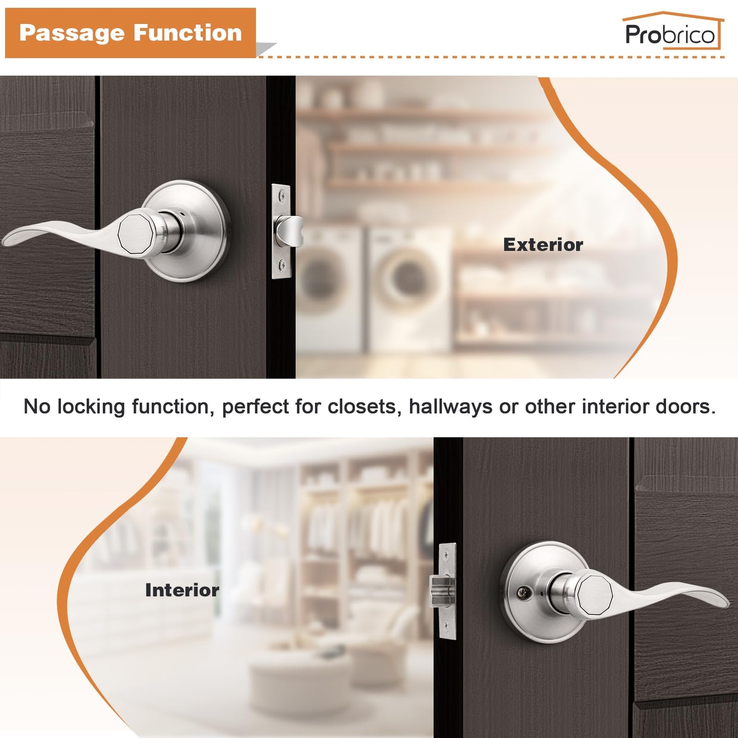 Probrico Passage Door Levers Satin Nickel Interior Door Handle for Hallway and Closet, Keyless Non-Locking Door Levers, 3 Pack