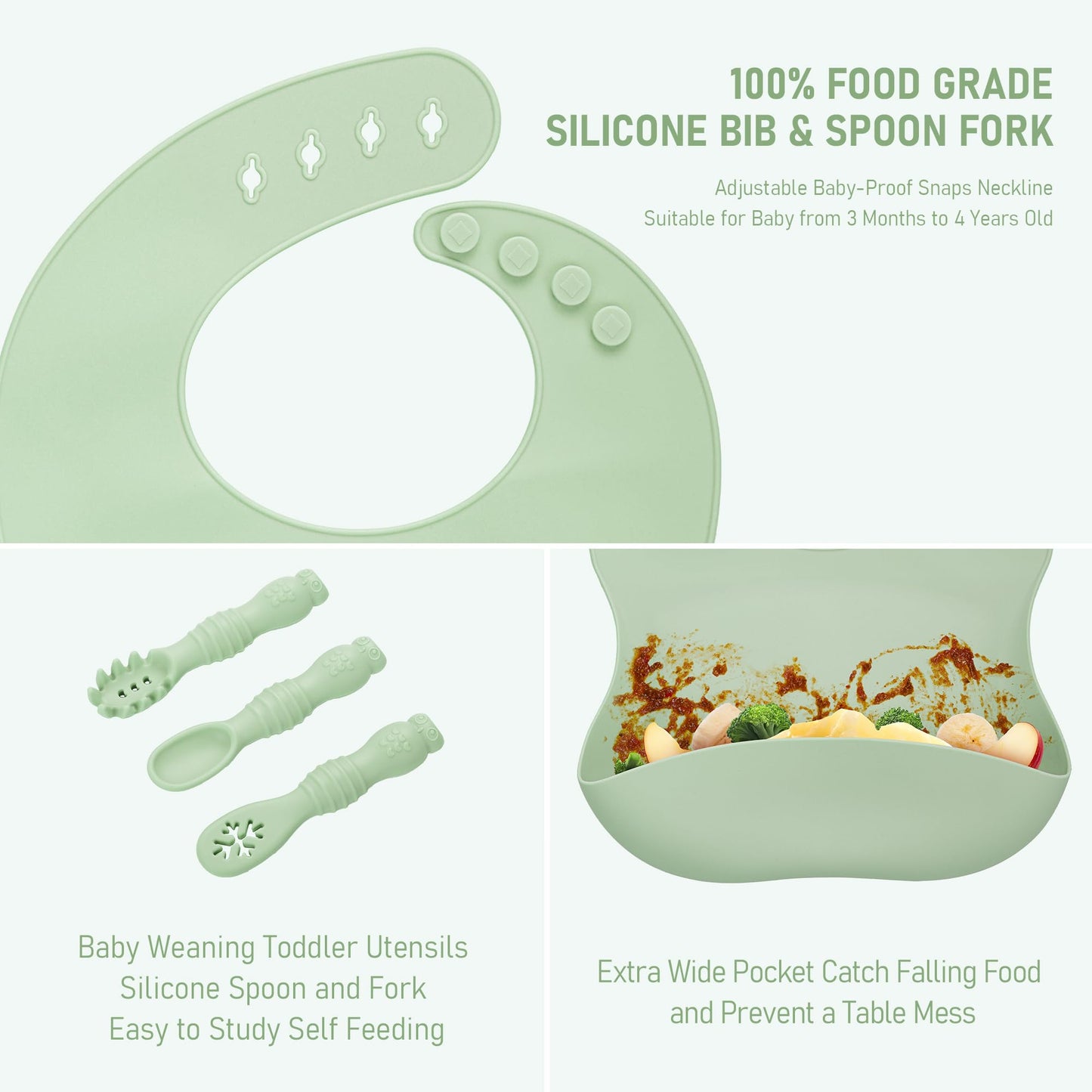 Bnditeu Baby Weaning Set, Silicone Feeding Set(10 Pcs), Toddler Set with Adjustable Bib, Suction Bowl, Plate, Fork, Spoon, Water & Snack Cup Kit, Led Kit for Babies, and Kids Green GJTZ-04