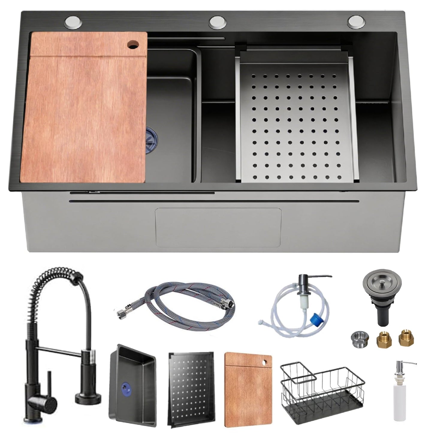 30 x 18 inch Kitchen Sink, Single Bowl Stainless Steel Gunmetal Black Topmount Multifunctional Drop In Sink with Pull-Down Faucet (Black, 3018)