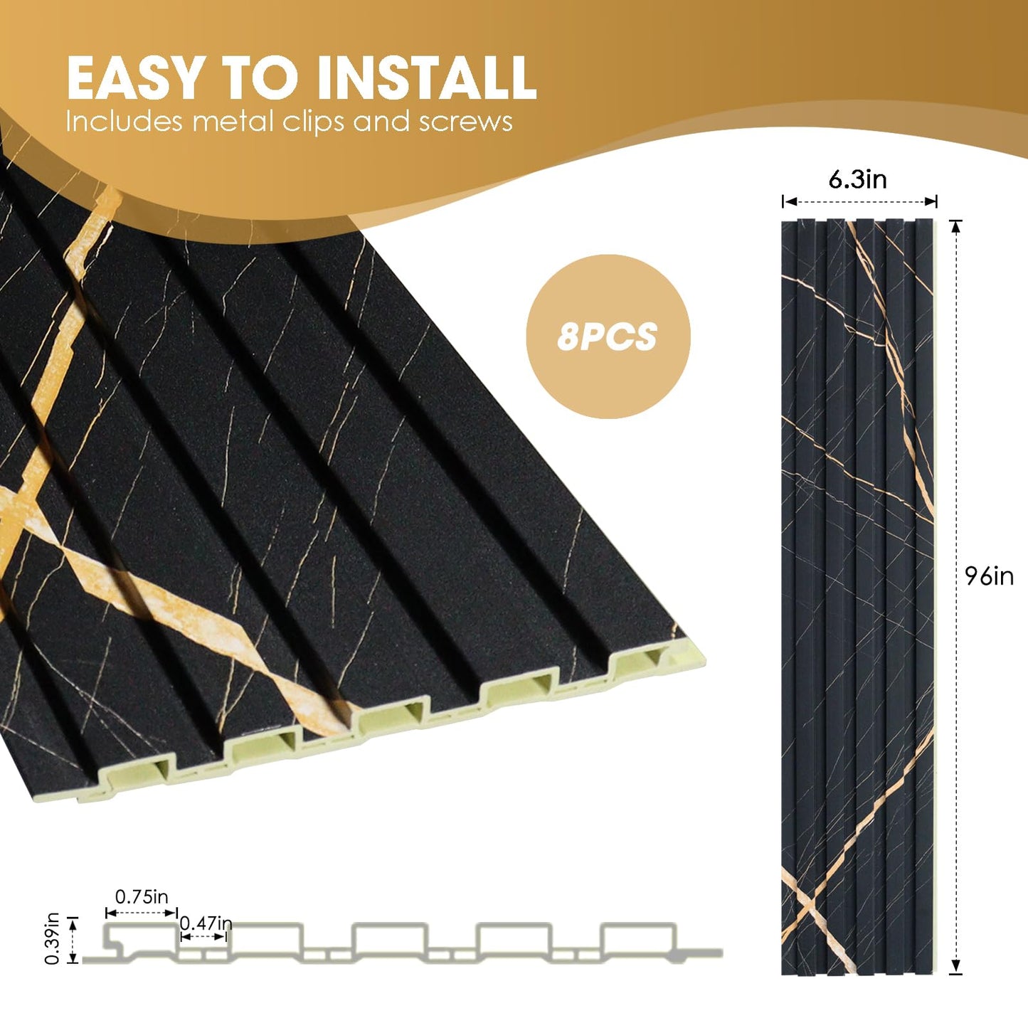 OUZUGIE WPC Acoustic Slat Wall Paneling, 8-Pack 96 x 6 Inches 3D Wall Panels for Interior Wall Decor,Living Room,TV Background,Study Room,Office Spaces,Bedroom,Low Grille (Black Marble)