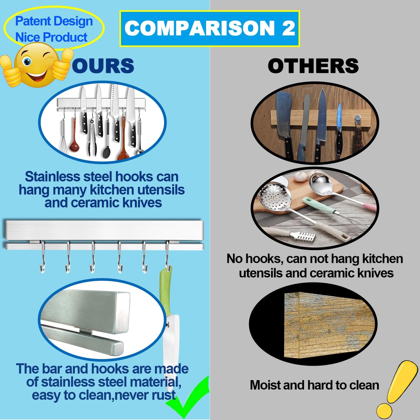 YIIYIIN 12" Premium 304 Stainless Steel Double-Sided Magnetic Knife Holder for Wall -with Adhesive Strip, No Drill -6 Hooks Included for Kitchen Utensils