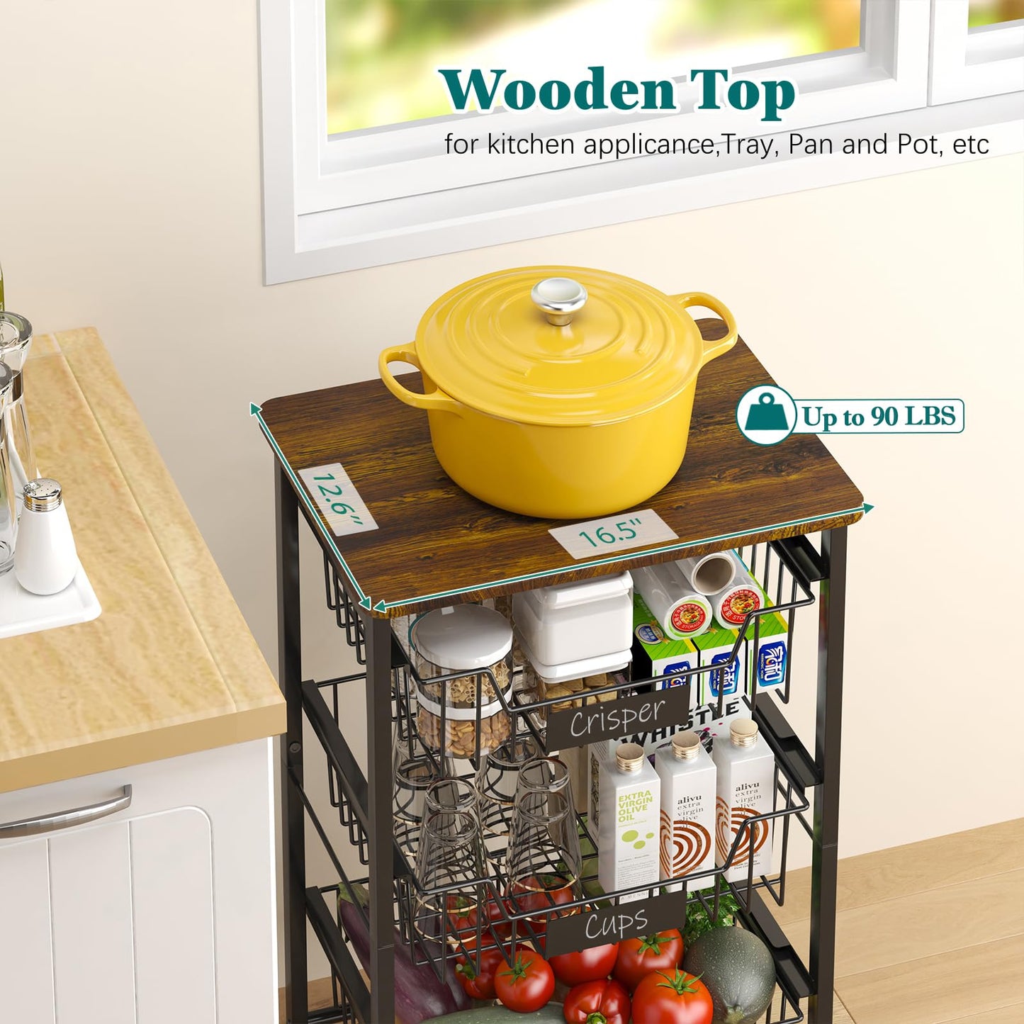 CHLORYARD 5-Tier Vegetable Fruit Basket Kitchen Storage Rolling Cart on Wheels with Pull-Out Baskets and Wood Top for Kitchen Diningroom Pantry