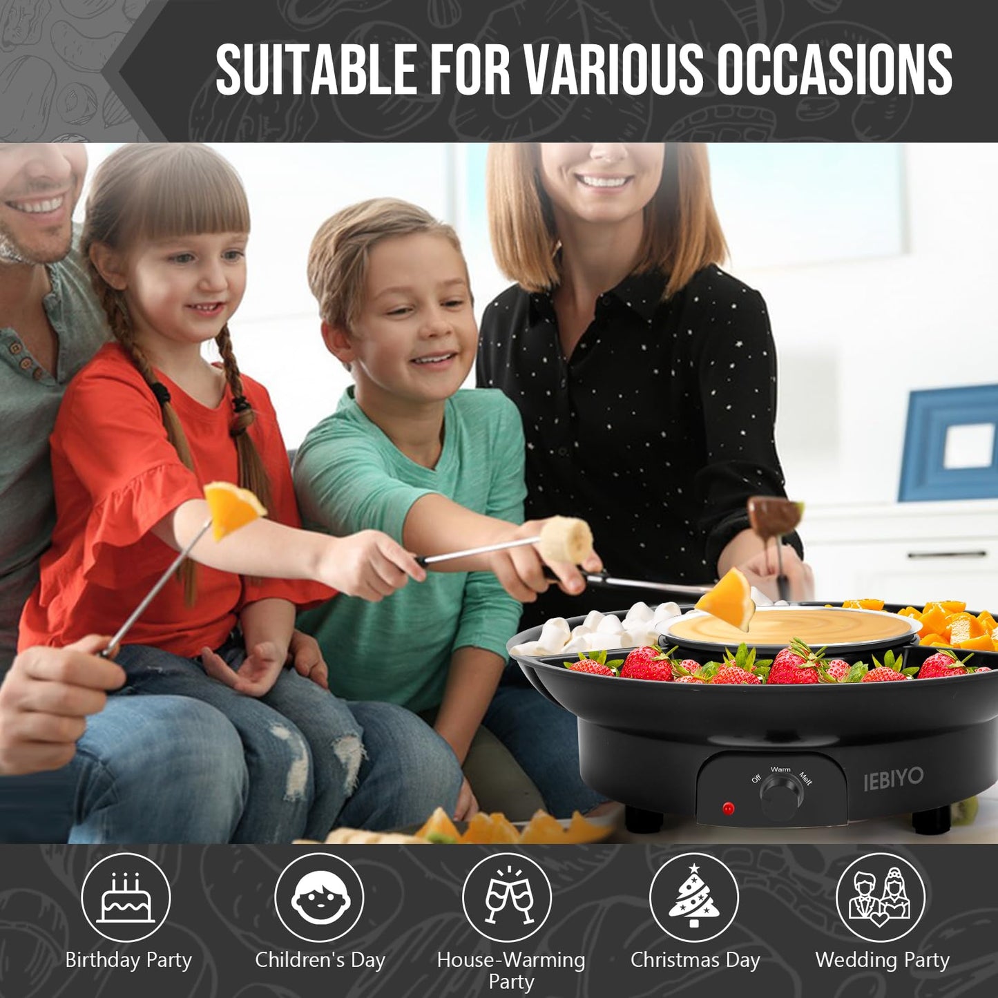 IEBIYO Chocolate Melting Pot Electric Chocolate Fondue Pot Set 3-Section Food Trays with 6pcs Dipping Forks Perfect for Chocolate Cheese Dessert Housewarming Christmas Party Gifts (Black)