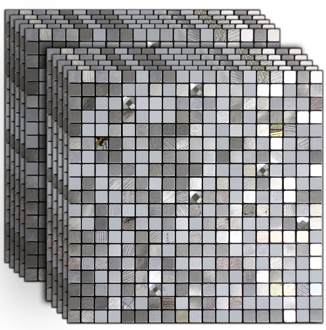 10 Sheets Self-Adhesive Aluminum Mosaic Peel and Stick Metal Tiles 3D Wall Sticker Panel Backsplash for Kitchen & Bathroom (12"x12" Bronze) (10 Silver White)