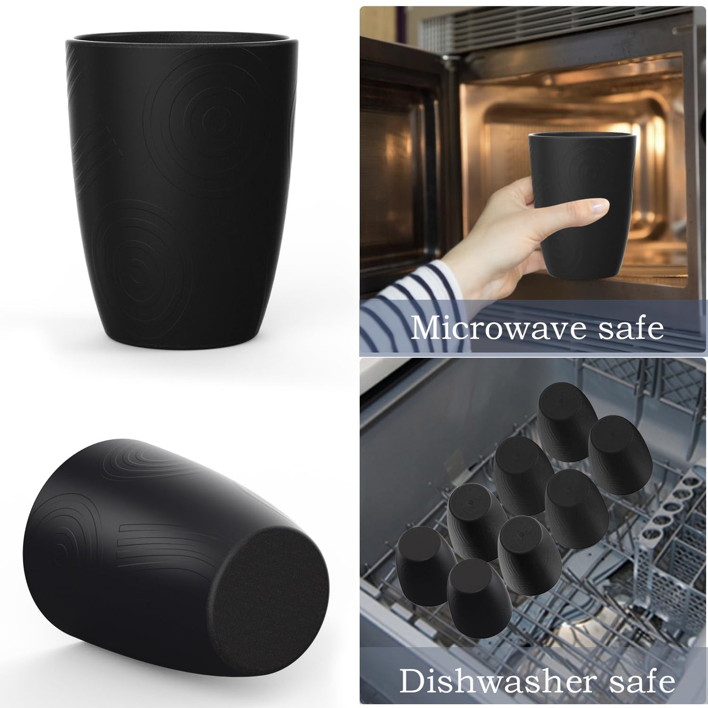 Wrova Wheat Straw Cups 8 PCS Good Alternative to Plastic Reusable Cups 12 oz Unbreakable Drinking Cup Reusable Dishwasher Safe Water Plastic Glasses Pure Black