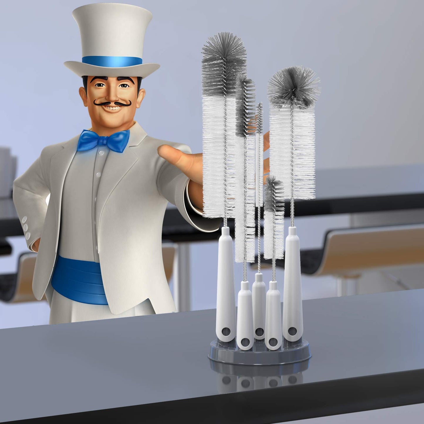 MR.SIGA 5 Pack Bottle Brush Cleaning Set with Storage Holder, Cleaning Brushes for Long Narrow Neck Bottles, Water Bottles, Baby Bottles, Tumblers, Drinking Glasses, Strews
