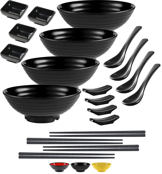 Practimondo 4 Noodle Bowls Set - large 32oz Ramen Bowl Set for authentic Asian Cuisine - with Dipping Bowls, Spoons, Chopsticks & Chopstick Stands. Enjoy Thai Miso Udon Wonton (4 Bowl Set, Black)