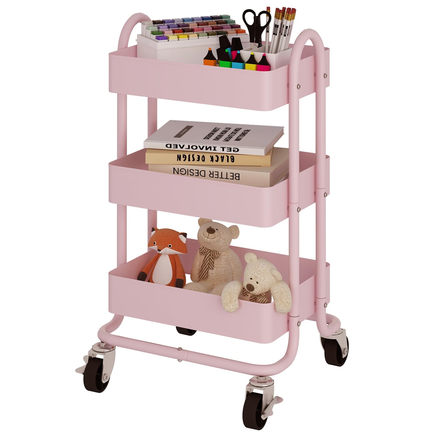 Elitehouse Metal Rolling Cart,3-Tier Pink Rolling Cart with Wheels,Metal Utility Cart with Wheels for Office,Home,Kitchen,Garden（13.4"x18.1"x31"） Pink