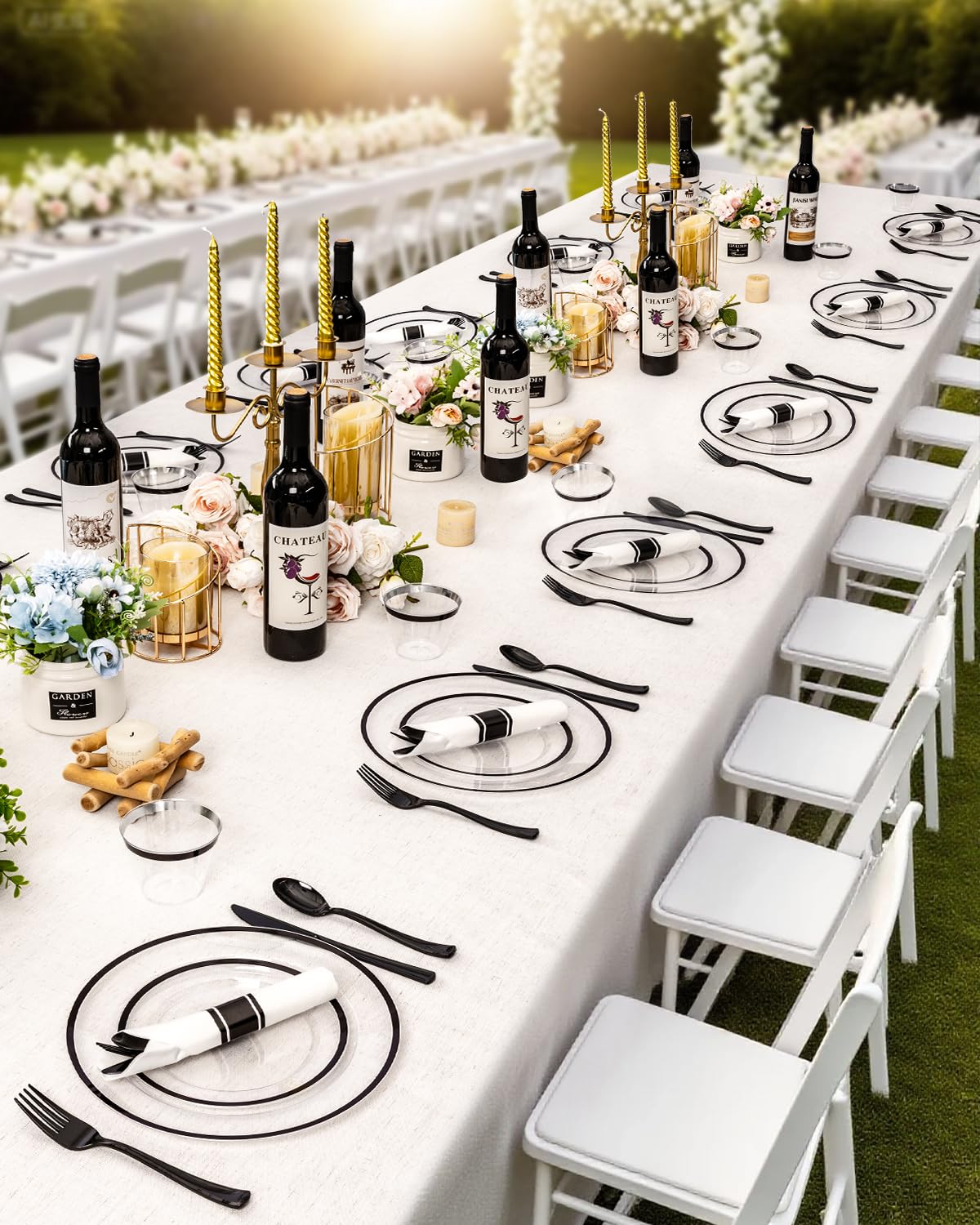 BESTVIP 350Pcs Clear Black Plastic Plates for Party, Disposable Dinnerware Set for 50 Guests, 100 Plastic Plates, 50 Cups, 50 Pre-Rolled Napkins with Cutlery for Graduation Party, Wedding, Halloween
