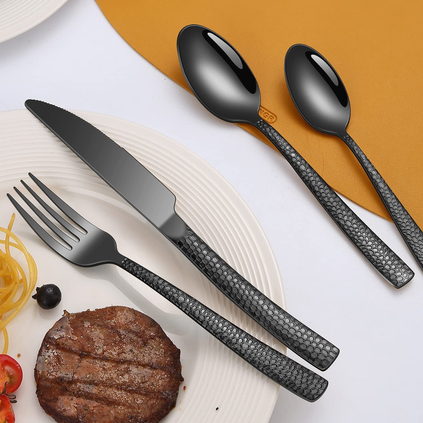 45-Piece Silverware Set with Serving Utensils Set, Black Hammered Stainless Steel Flatware for 8, Food-Grade Tableware, Including Fork, Knife, Spoon Set, Home Kitchen Cutlery, Dishwasher Safe