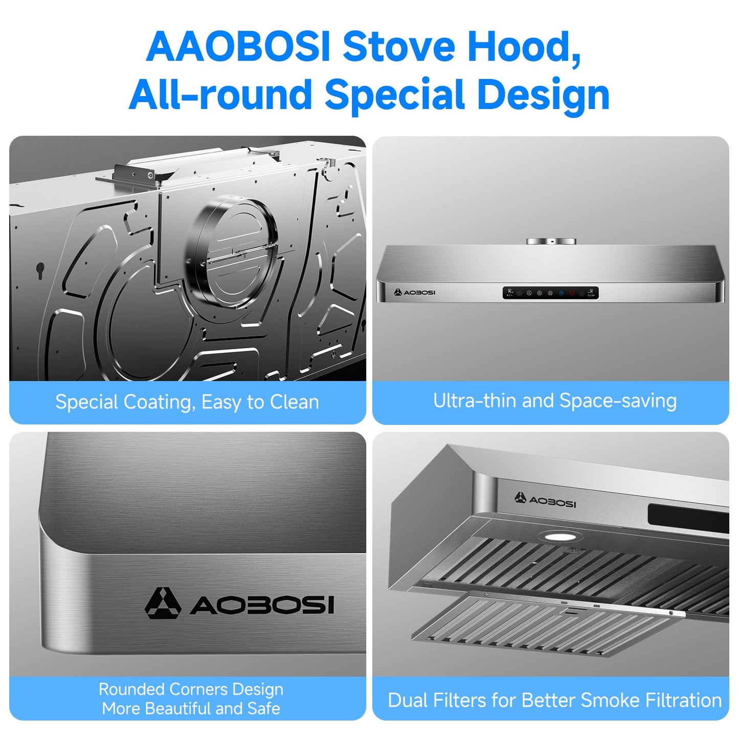AAOBOSI 36 Inch Under Cabinet Range Hood, 800 CFM Stainless Steel Kitchen Vent Hood with Gesture Sensing, Touch Control, 3-Speed Exhaust Fan, LED Lights, Ducted Range Hood
