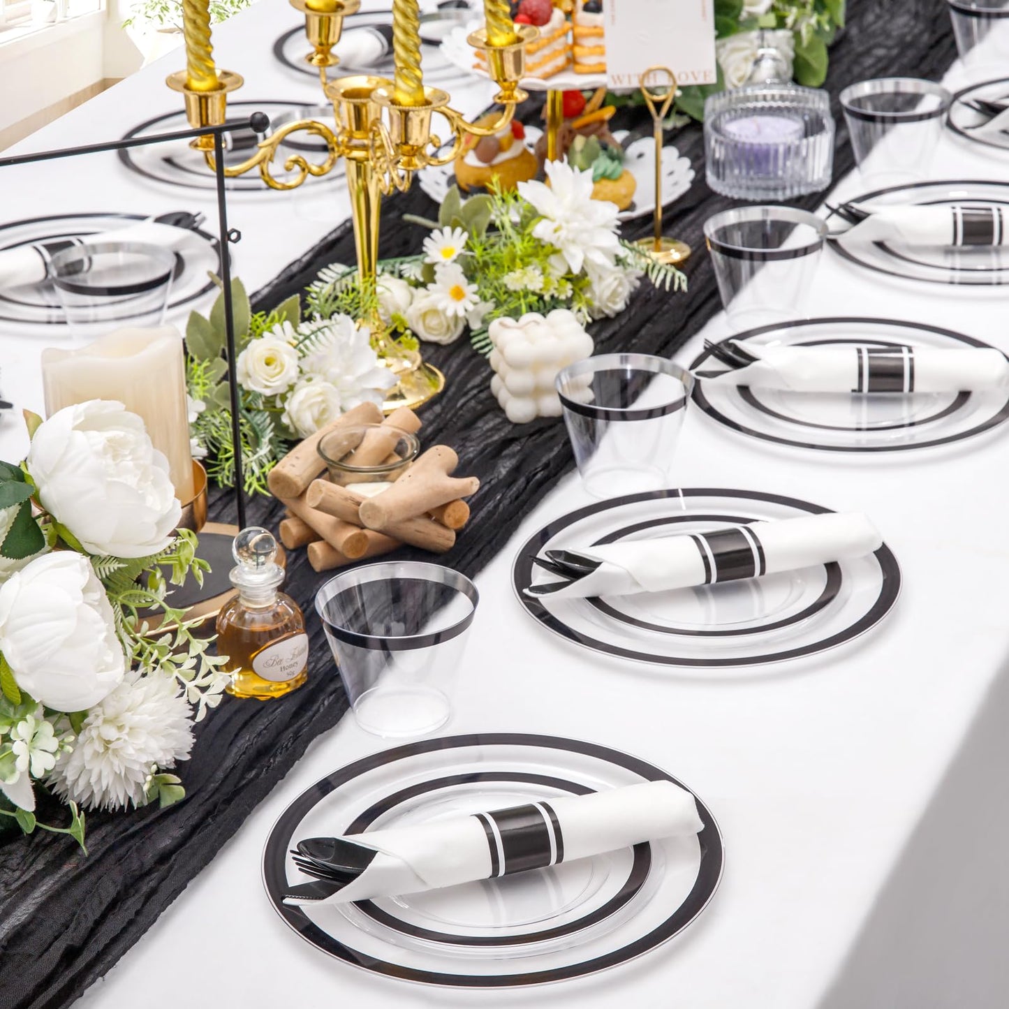 Liacere 350PCS - Clear Plates with Black Rim for 50Guests Dinnerware Include 100 Clear Plates disposable 150 Black Silverware 50 Napkins for Party & Graduation