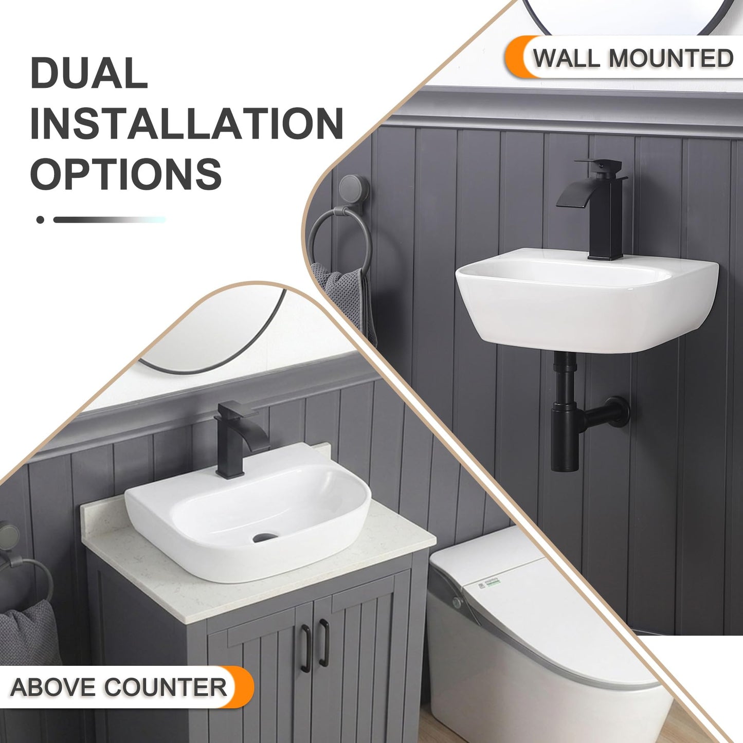 DEHOMEN 16.5" Wall Mount Bathroom Sink Rectangular Wall Hung Floating Vessel Sink Porcelain Lavatory Hand Basin for Small Bathroom,Grage White