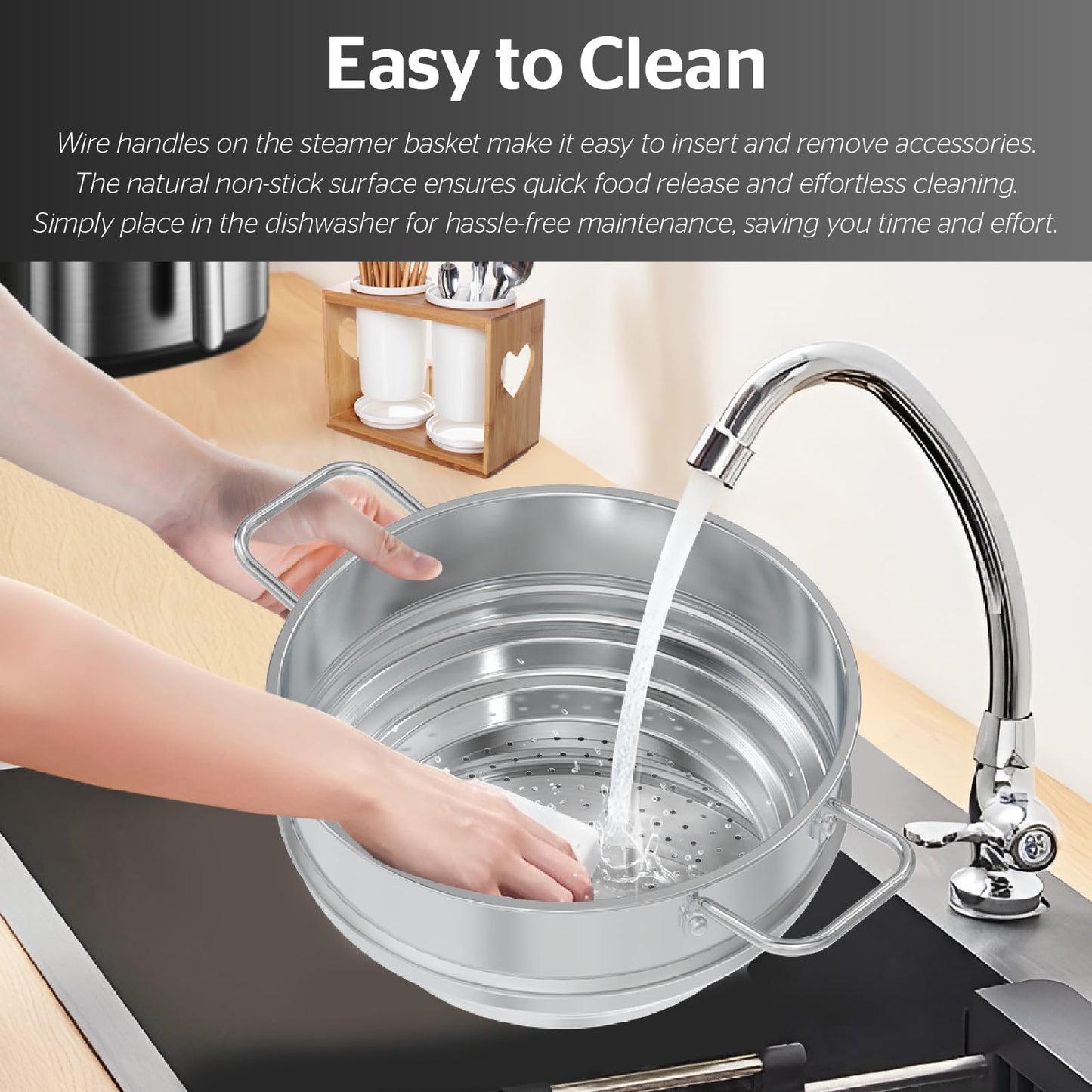 SUNHOUSE 5 Quart Stainless Steel Steamer Insert – Multi-Purpose Soup & Food Steamer with Stay-Cool Handles & Heavy-Duty Glass Lid – Fits Various Pot Sizes (8", 8.5", 9.5")