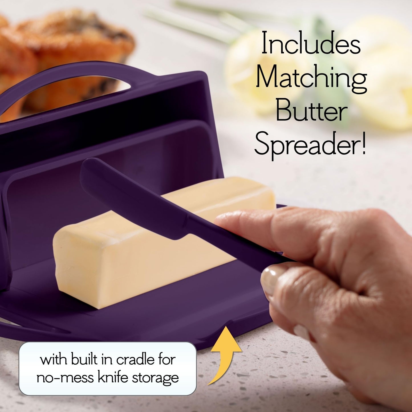 Butterie Flip Top Butter Dish with Attached Lid & Matching Knife - Holds 2 Sticks, Fits Kerrygold/European Butter - BPA Free & Dishwasher Safe - Purple