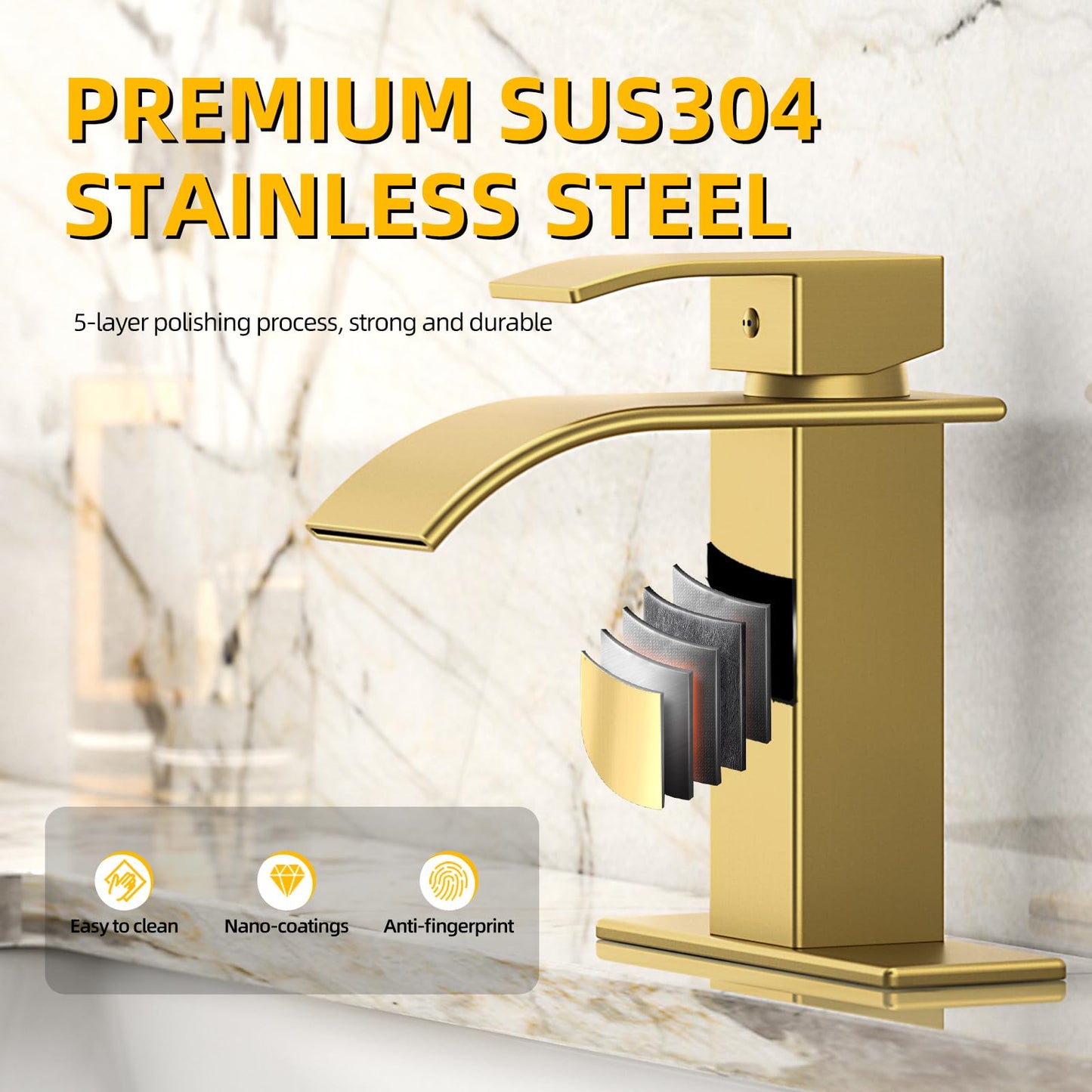 Ryuwanku Bathroom Faucet Brushed Gold Modern Waterfall Bathroom Sink Faucet with Single Handle Suitable for 1 or 3 Holes,Supply Deck Plate and Hose…