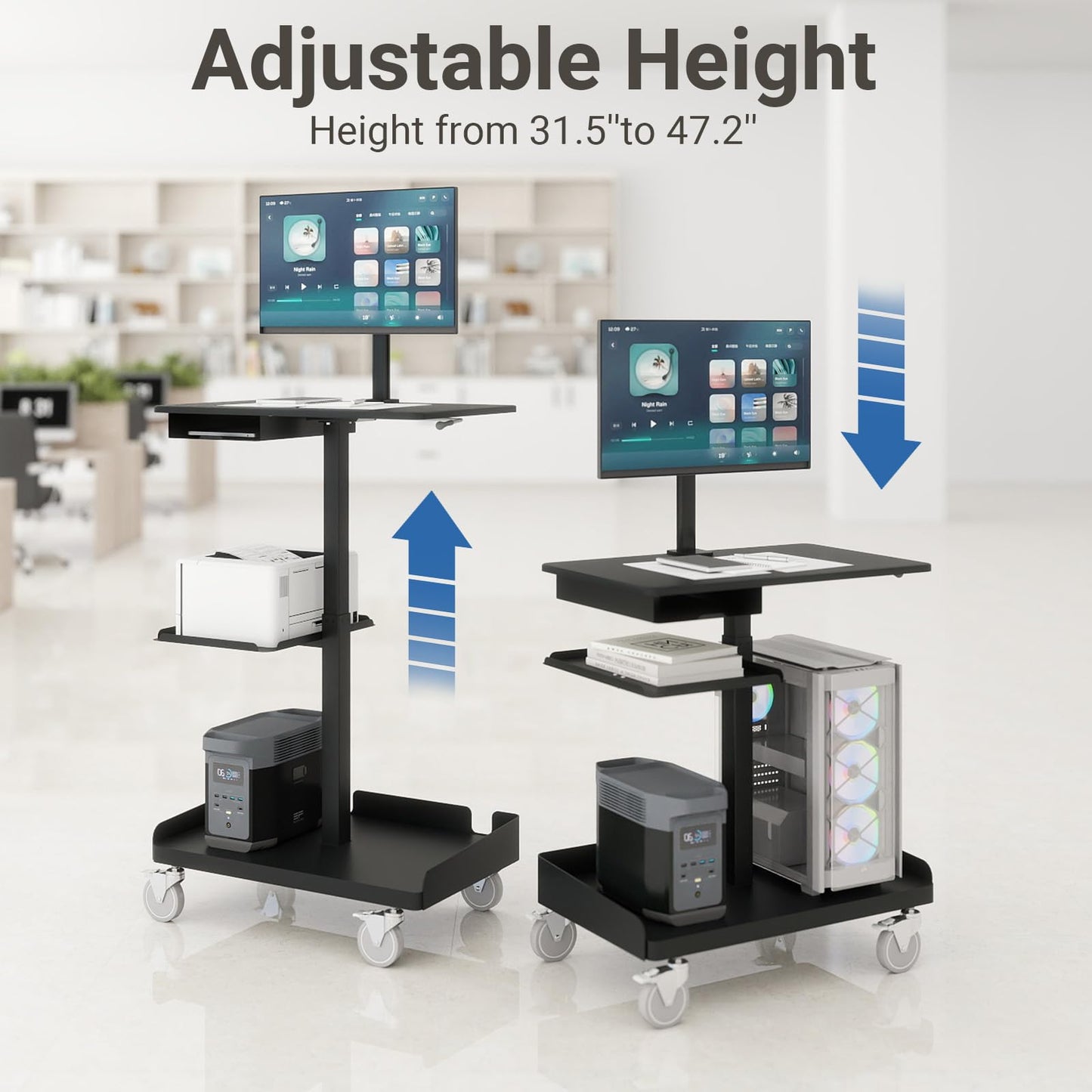 Natwind Mobile Workstation Cart with Monitor Mount, Height Adjustable Rolling Computer Desk with Cable Management Tidy, Heavy-Duty Standing Desk with CPU Holder for Office, School, Medical, Workshop
