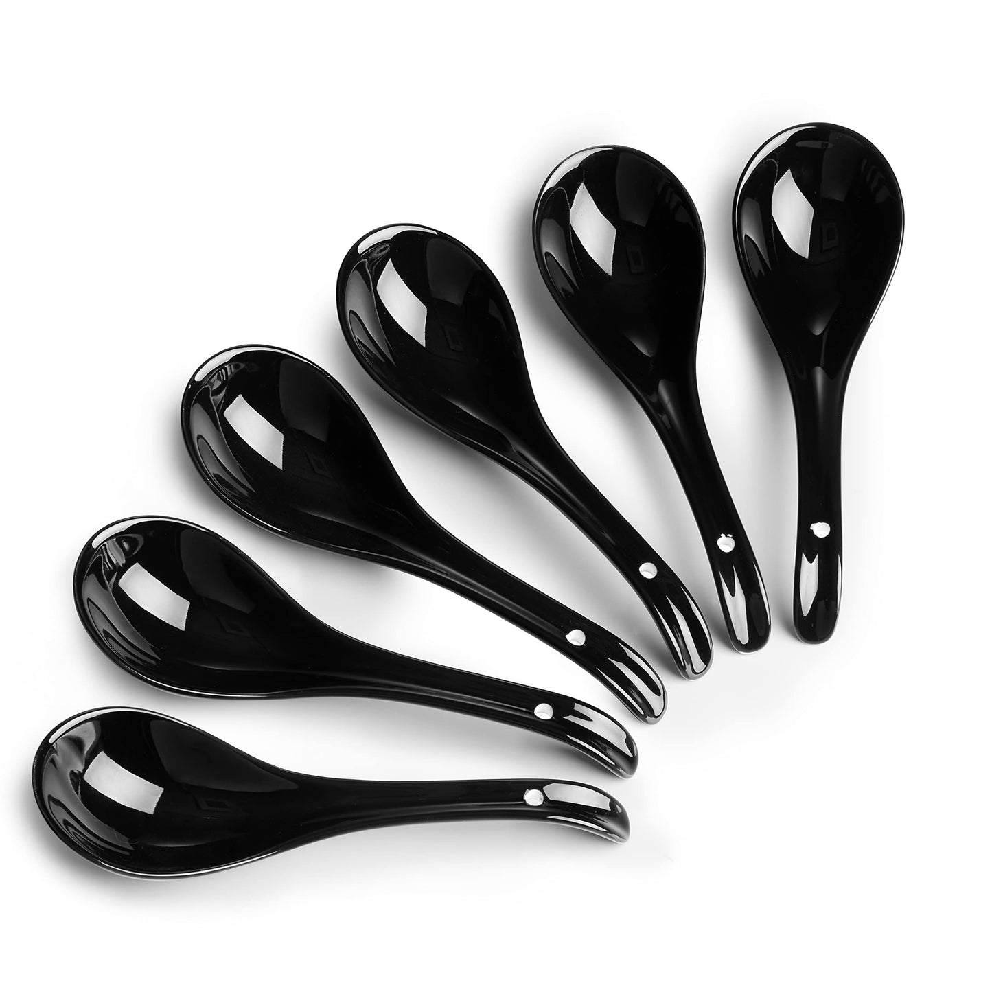 DOWAN Soup Spoons, Ceramic Chinese, Asian Soup Spoons, White Japanese Spoon Large for Ramen Pho Wonton Dumpling Miso, Deep Oval Hook Design, Set of 6 (6, Black)