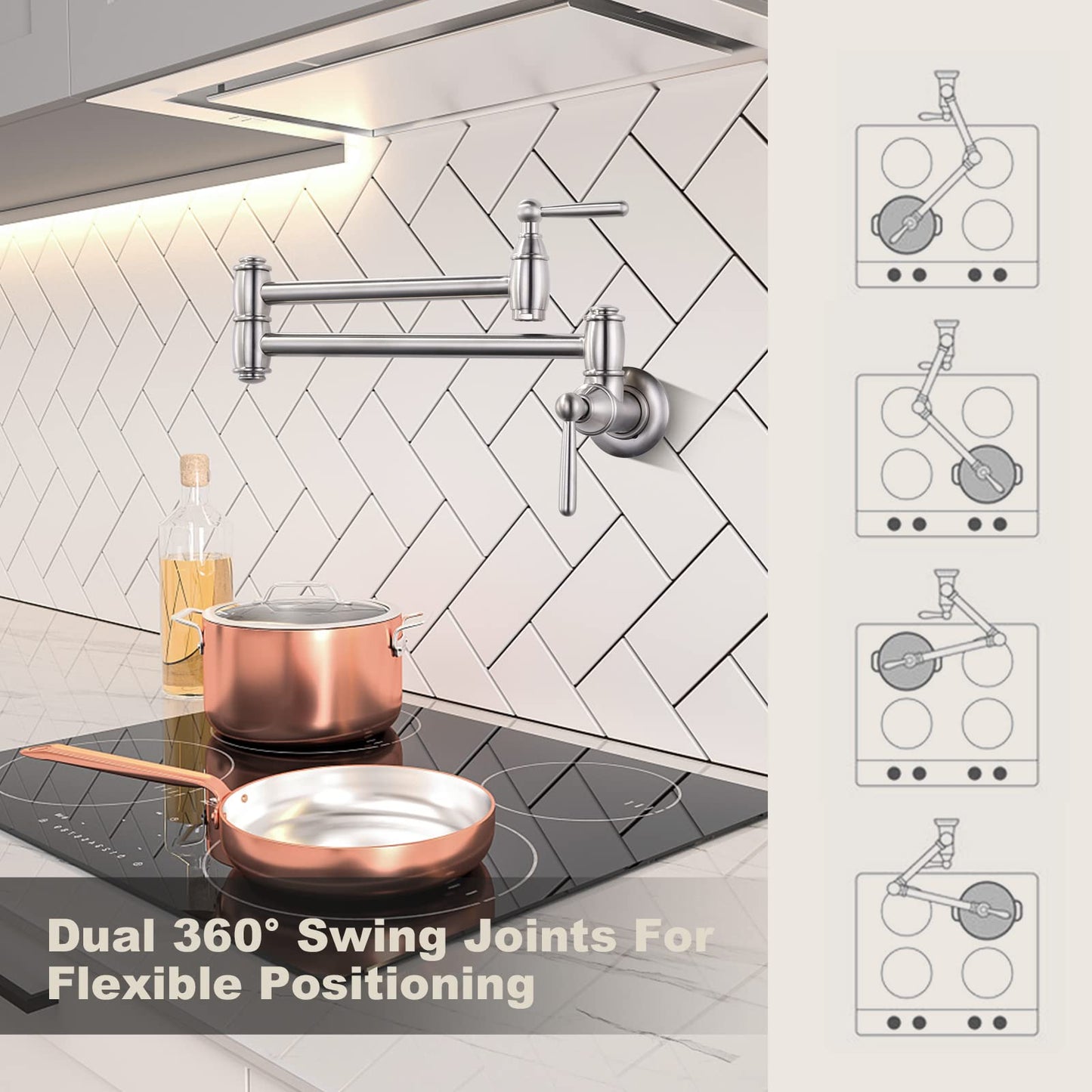 Pot Filler Faucet Brushed Nickel, ARCORA Modern Pot Filler Wall Mount 2 Handle with Double Joint Swing Arms Brass Stove Faucet