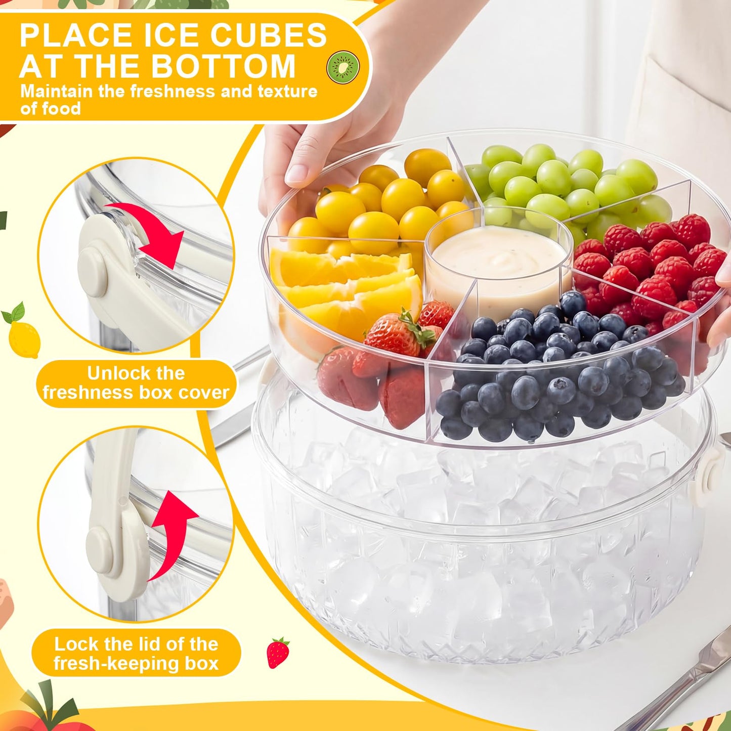 Tiangrid 2 Pack Chilled Serving Tray with Lid Handle, 11" Veggie Fruit Ice Serving Platter with 5 Compartments, Portable Clear Party Tray for Shrimp Cocktail, Outdoor BBQ, Picnic