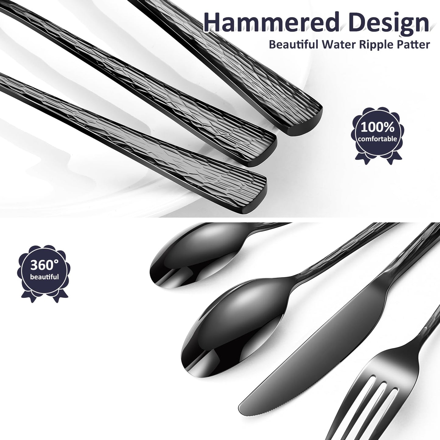 Izurok Black Hammered Silverware Set for 6, 30 Piece Heavy Duty Silverware, 18/10 Stainless Steel Flatware Cutlery Utensil Set for Wedding Festival Gift, Mirror Polished, Dishwasher Safe