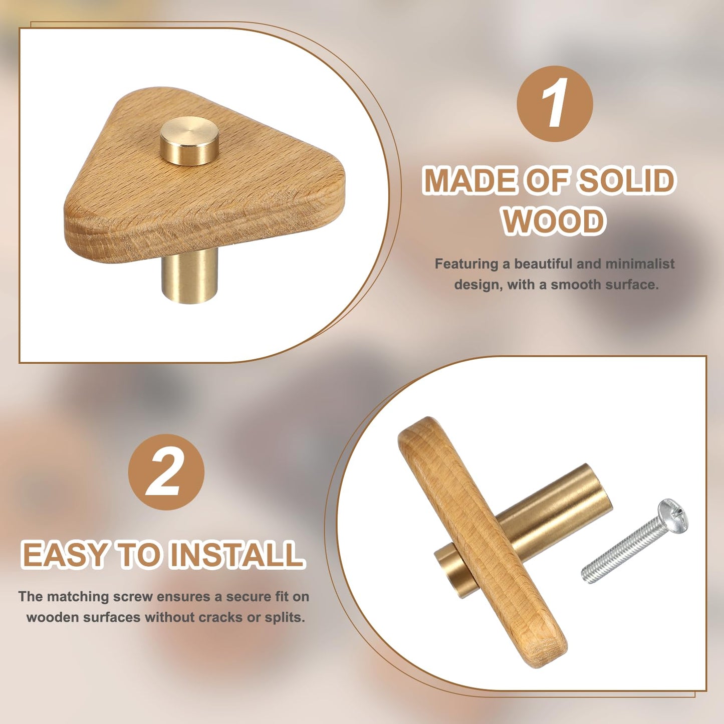 uxcell 6 Pcs Wood Cabinet Knobs, 2.2 Inch Triangular Single Hole Wooden Drawer Knobs Mushroom Shape Handle Pulls with Screws for Furniture Closet Dresser, Copper Wood Color