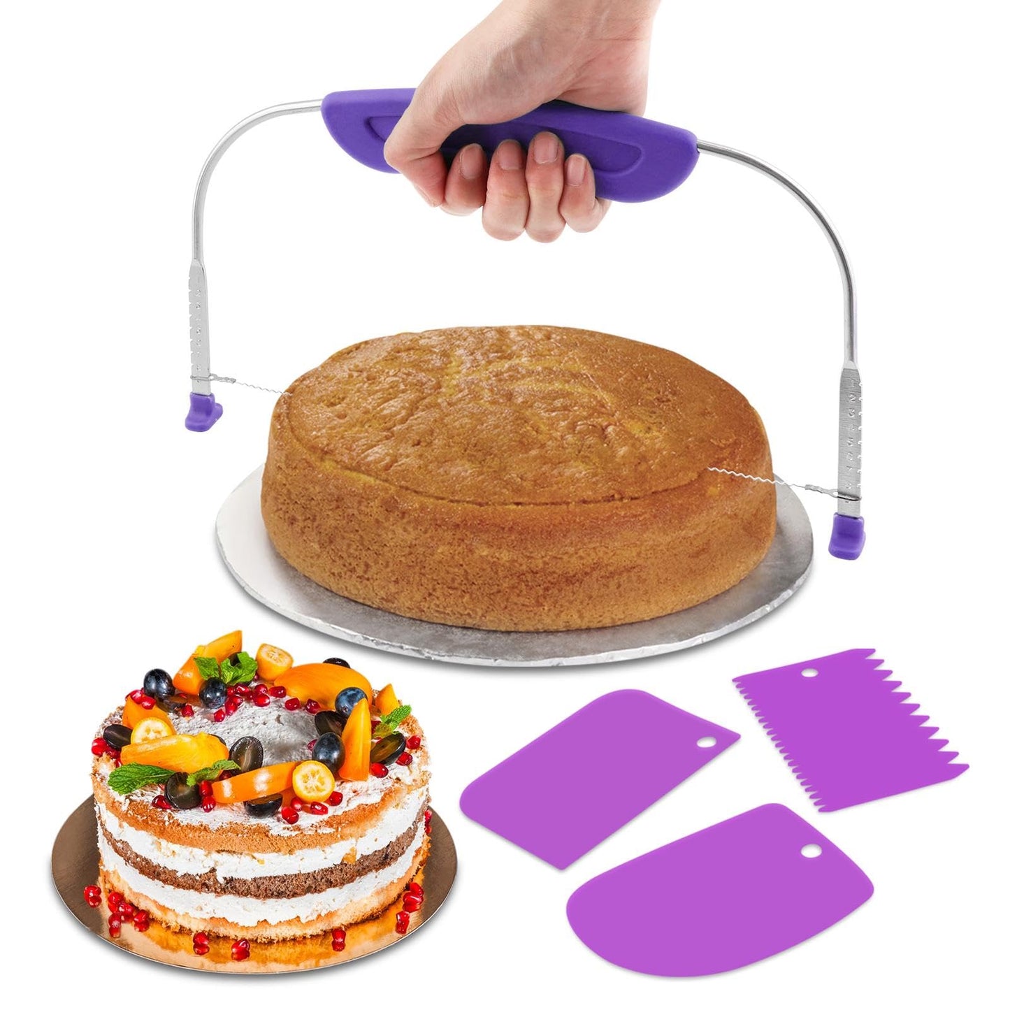 JIANWEI Adjustable Cake Leveler and Scraper Set, 4pcs Decorating Kit, Large Size Slicer, Decorating Comb, Pastry Cutter for Mousse Butter Cream (Purple)