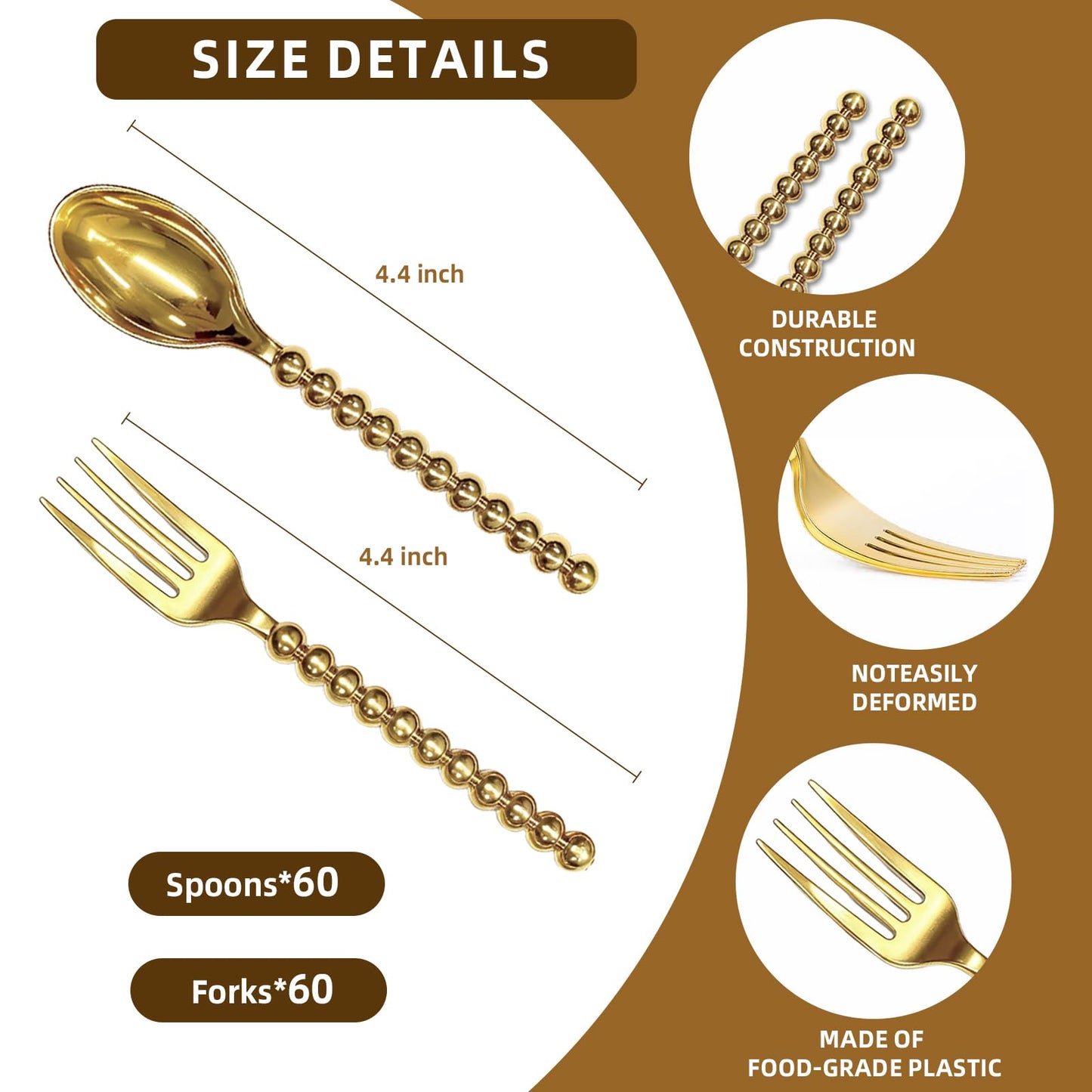 MiraFure Premium Gold Mini Dessert Utensils Set - 120-Piece (60 Forks & 60 Spoons) with Beaded Handle, 4.4 Inch BPA-Free Plastic, Appetizer Utensils for Parties, Charcuterie Boards & Tasting Events