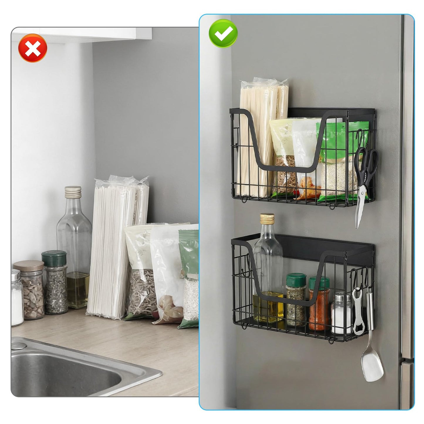 2-Pack Magnetic Shelves for Refrigerator – Heavy Duty Storage Baskets with Hooks, Space-Saving Fridge Organizer for Fruits, Vegetables, Snacks, Laundry & Kitchen Supplies