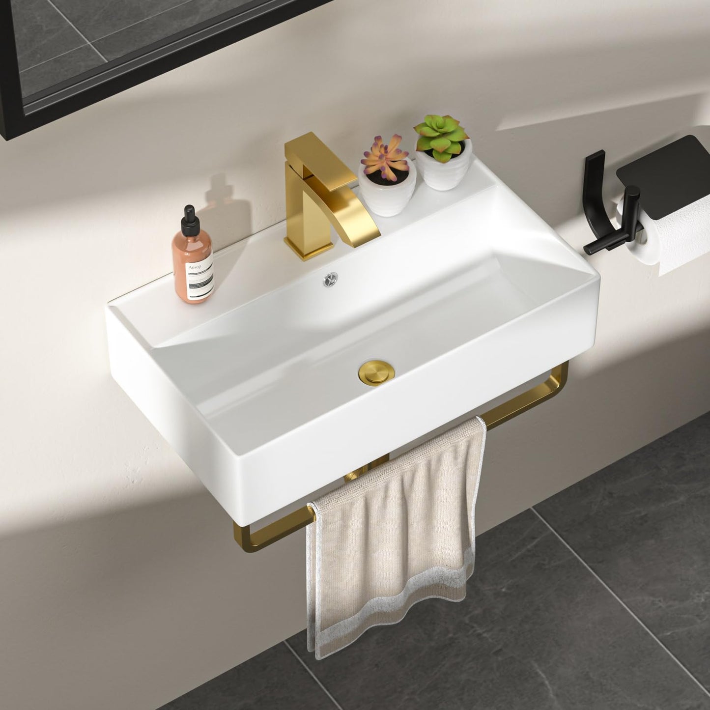 Dcolora 21 In. White Wall Mounted Bathroom Sink, Rectangular Ceramic Floating Wall Hung Sink with Gold Faucet & Towel Rack, Space-Saving Basin for Small Bathrooms #DC-SFDOE00088