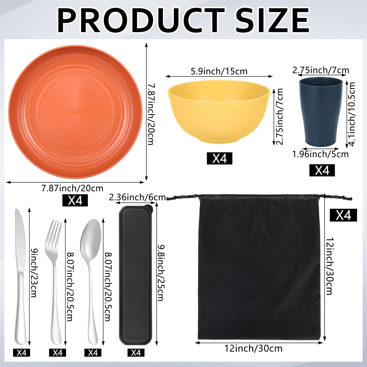32-Piece Wheat Straw Dinnerware Set, Unbreakable Portable Camping Mess Kit with Plates & Bowls, Dishwasher & Microwave Safe for Family, Picnics & Travel (Colorful)