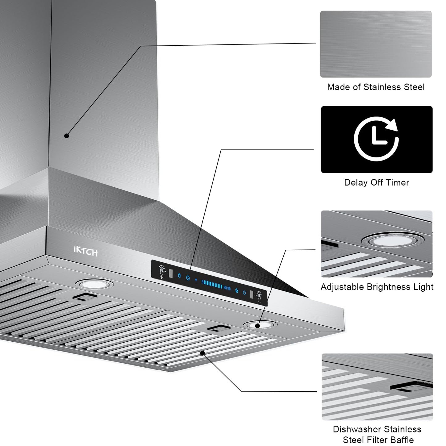 IKTCH 36-Inch Wall Mount Range Hood, Stainless Steel 900 CFM Kitchen Vent Hood, Ducted/Ductless Convertible, Gesture Sensing & Touch Control, Adjustable LED Lights 2 Pcs for Modern Kitchen