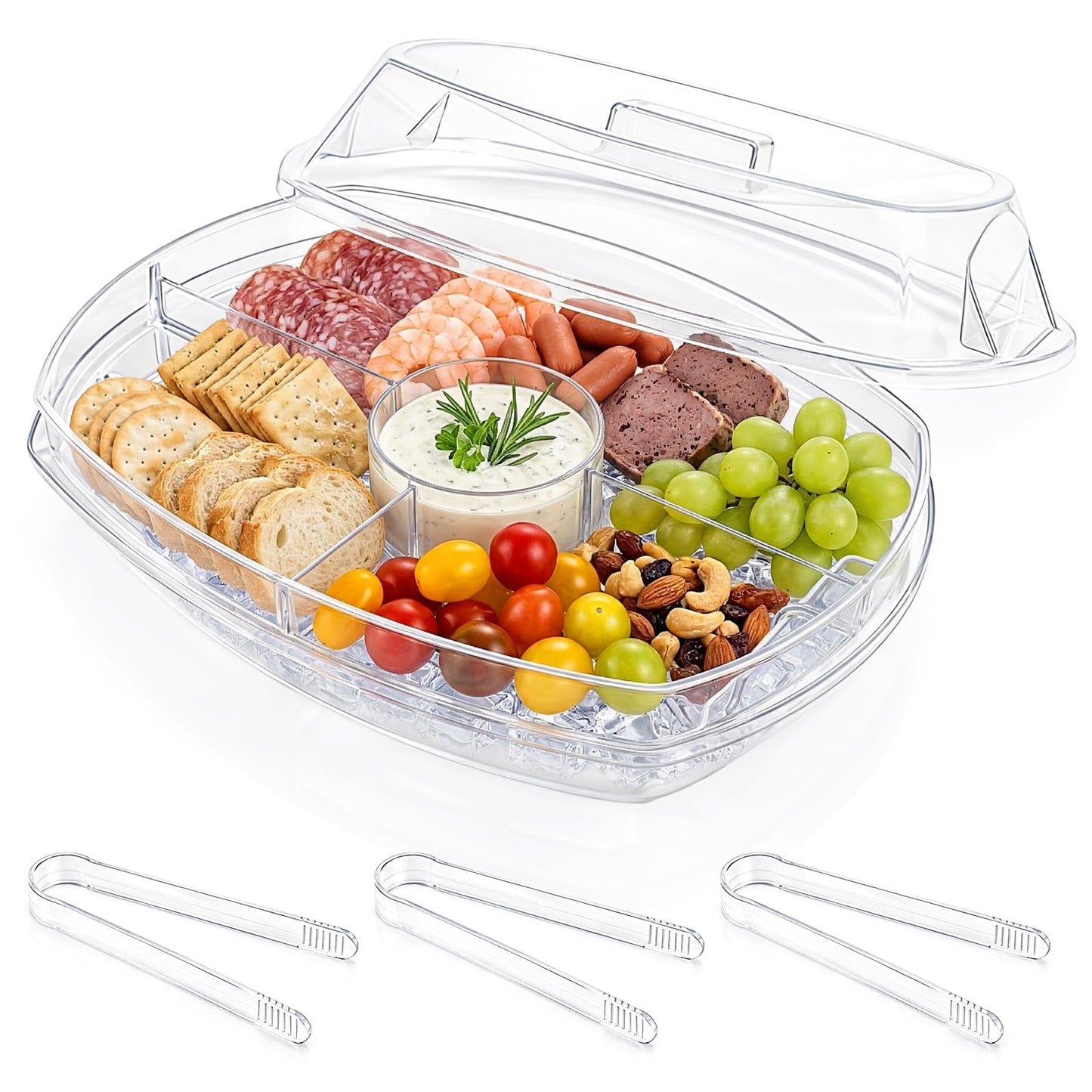 DEAYOU Ice Serving Tray for Party Food, Chilled Serving Platter Dish with 4 Compartments, 15" Divided Serving Bowl with Lid for Appetizers, Fruits, Vegetables, Salads, Shrimp Cocktail
