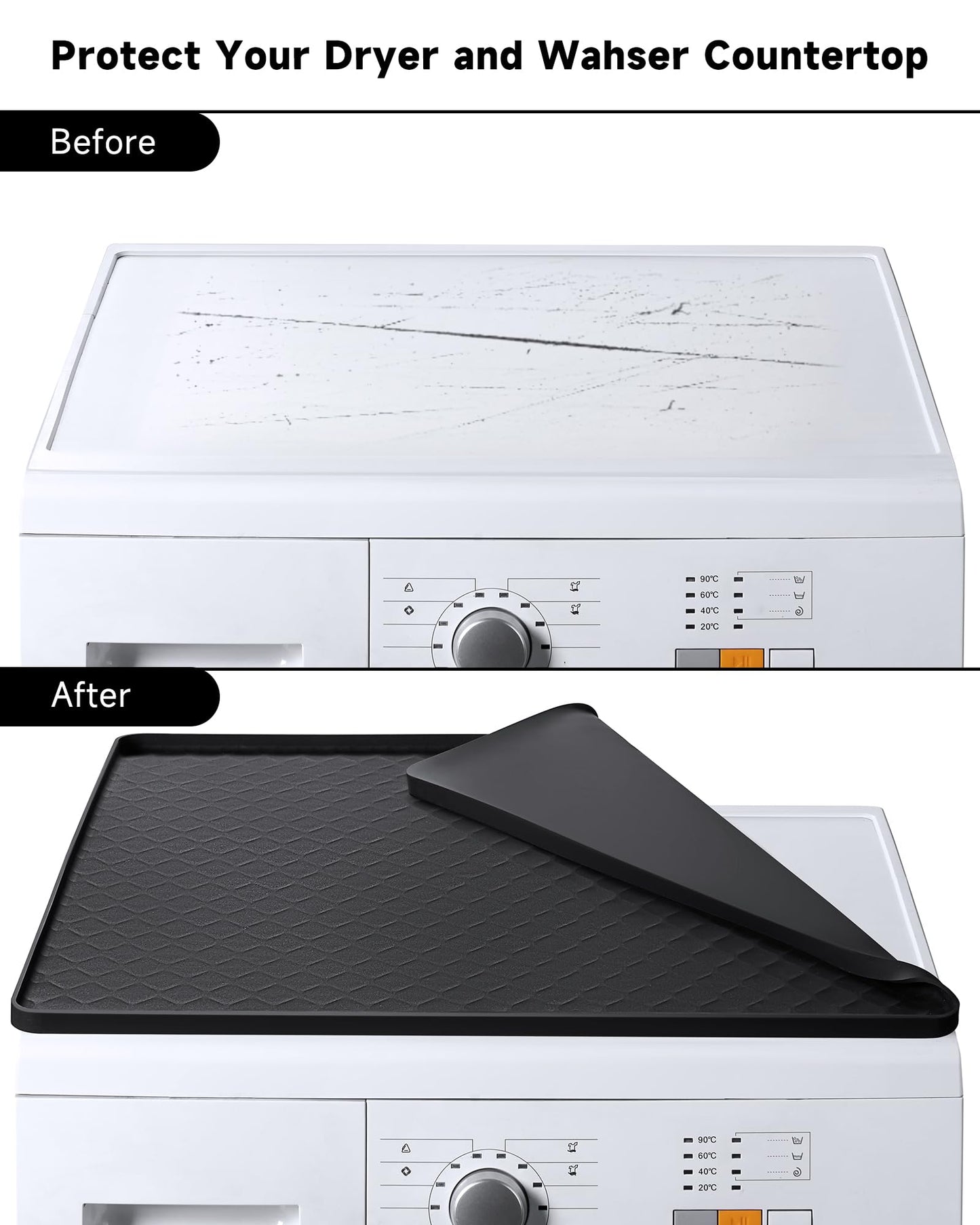Washer and Dryer Top Protector Mat 25.6’’ x 23.6’’, Non-slip Silicone Mat for Laundry & Kitchen, Washer and Dryer Covers for the Top, Prevent Dust, Scratches and Daily Wear and Tear (2pcs White)