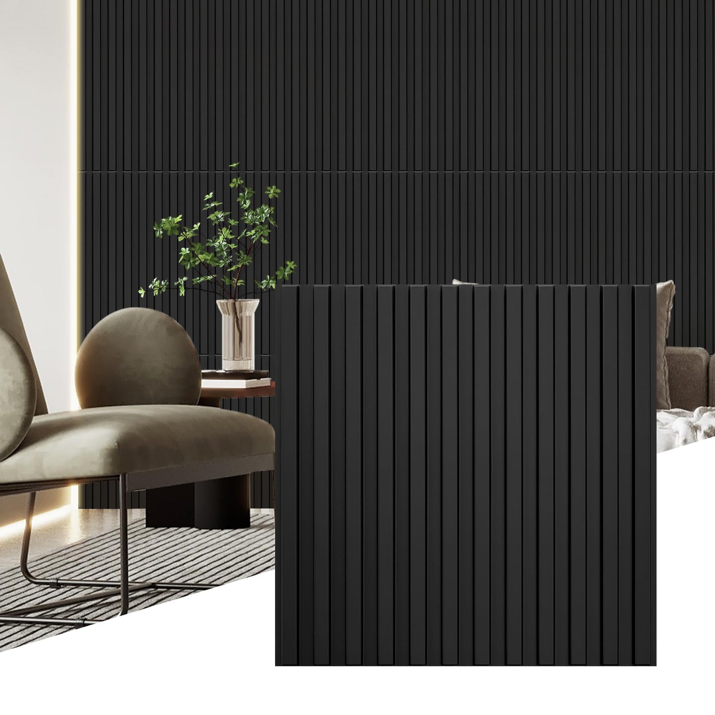 STICKGOO Slat Wall Panel, 3D Wall Panels for Interior Wall Decor PVC Fluted Textured Panel 12-Tile 19.7 x 19.7in - Black