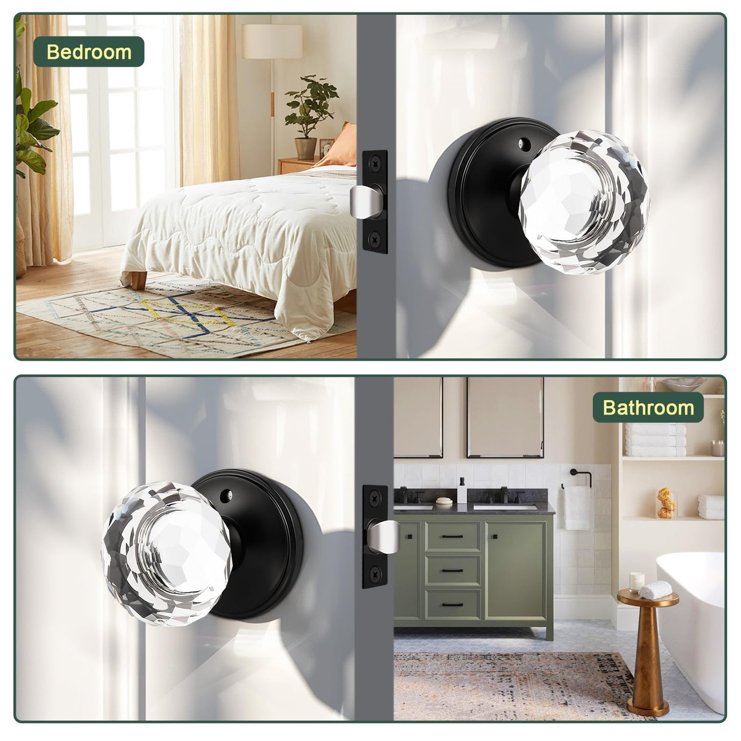 Lepushom 6 Pack Crystal Door Knobs Interior, Elegant Matte Black Glass Door Knobs, Keyless Privacy Door Locks for Bedrooms and Bathrooms