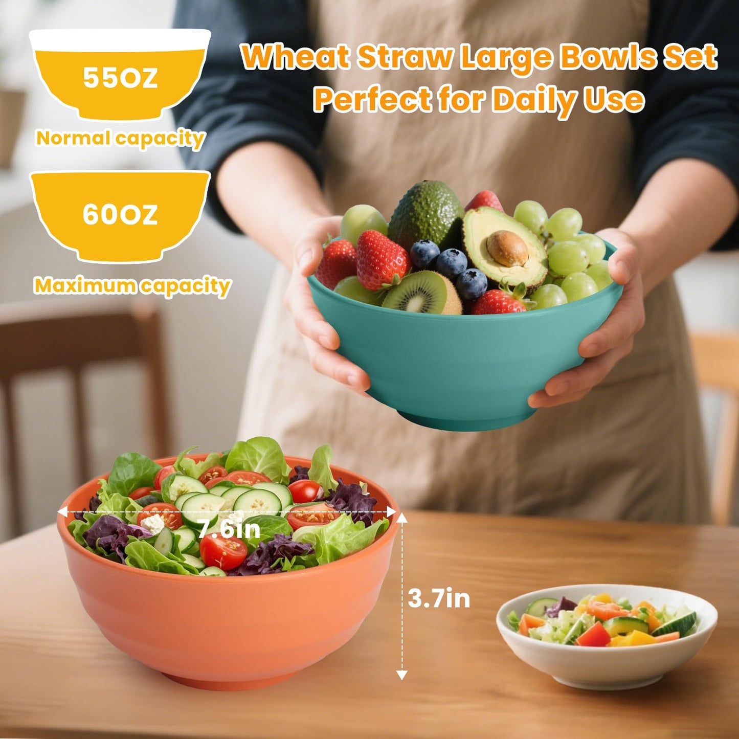 Homienly Unbreakable Large Wheat Straw Bowls 60 OZ Salad Bowls for Kitchen, Party, RV, Lightweight Camping Bowl Set Microwave and Dishwasher Safe Big Popcorn Bowl, Stackable (Multi, 6 PCS)