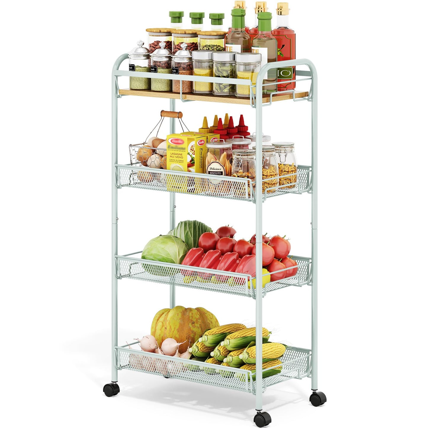 TOOLF 4-Tier Rolling Cart, Metal Utility Cart, Slide Out Storage Cart with Wooden Tabletop and Mesh Baskets for Narrow Space on Kitchen Bathroom Laundry Room Bedroom Apartments Dormitory (Green, Wide)