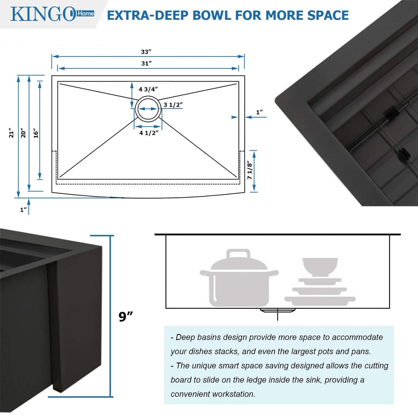 KINGO HOME 33 inch Black Farmhouse Sink, 16 Gauge Double Ledges Stainless Steel Farmhouse Kitchen Workstation Sink, All In One Apron Front Deep Single Bowl Kitchen Farm Sytle Farmer Sinks 33"x20"x9