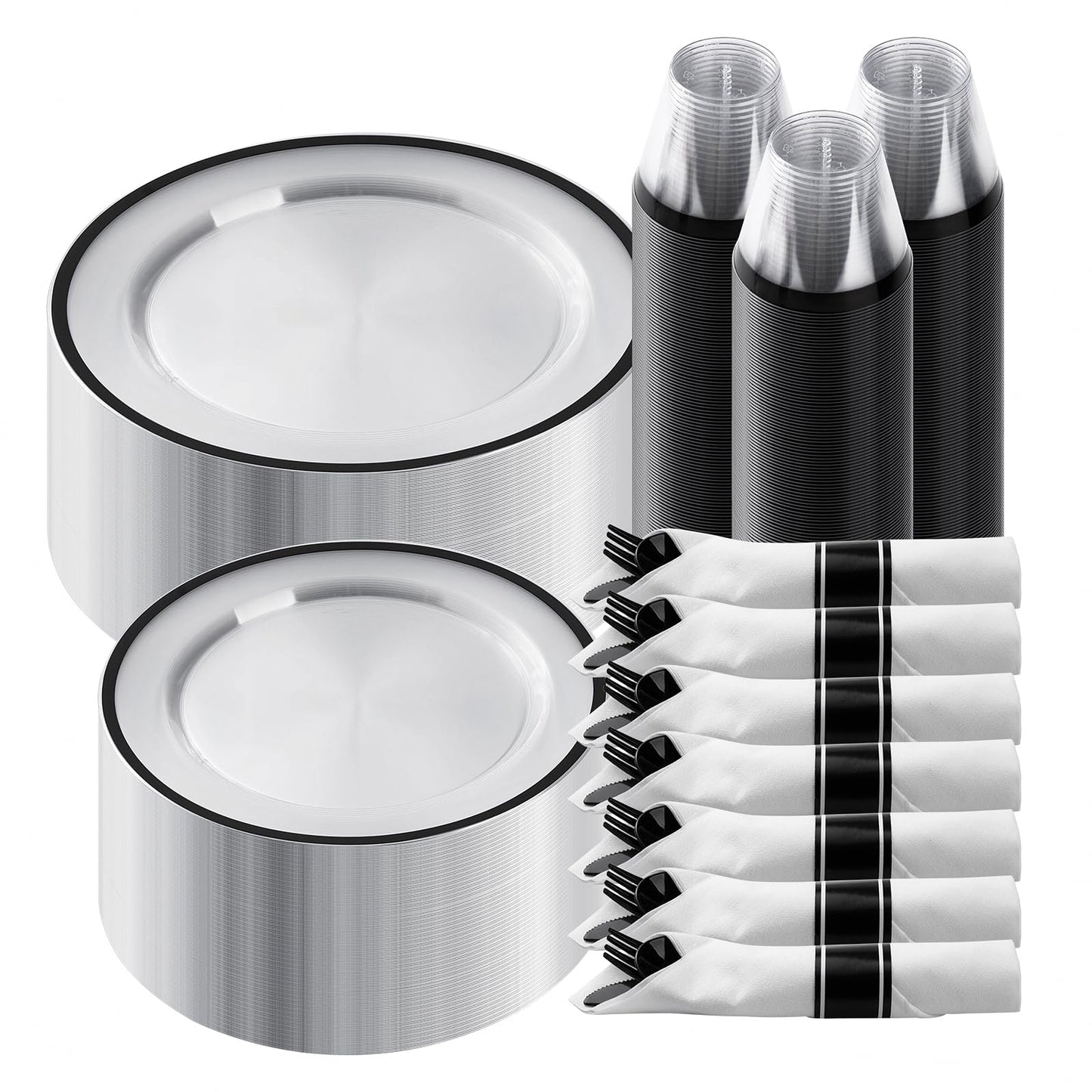 Goodluck 350 Piece Black Plastic Dinnerware Set for Party, Clear Disposable Plates for 50 Guests, Includes 100 Plates, 50 Pre Rolled Napkins with Cutlery Set, 50 Cups, for Graduation Party, Wedding