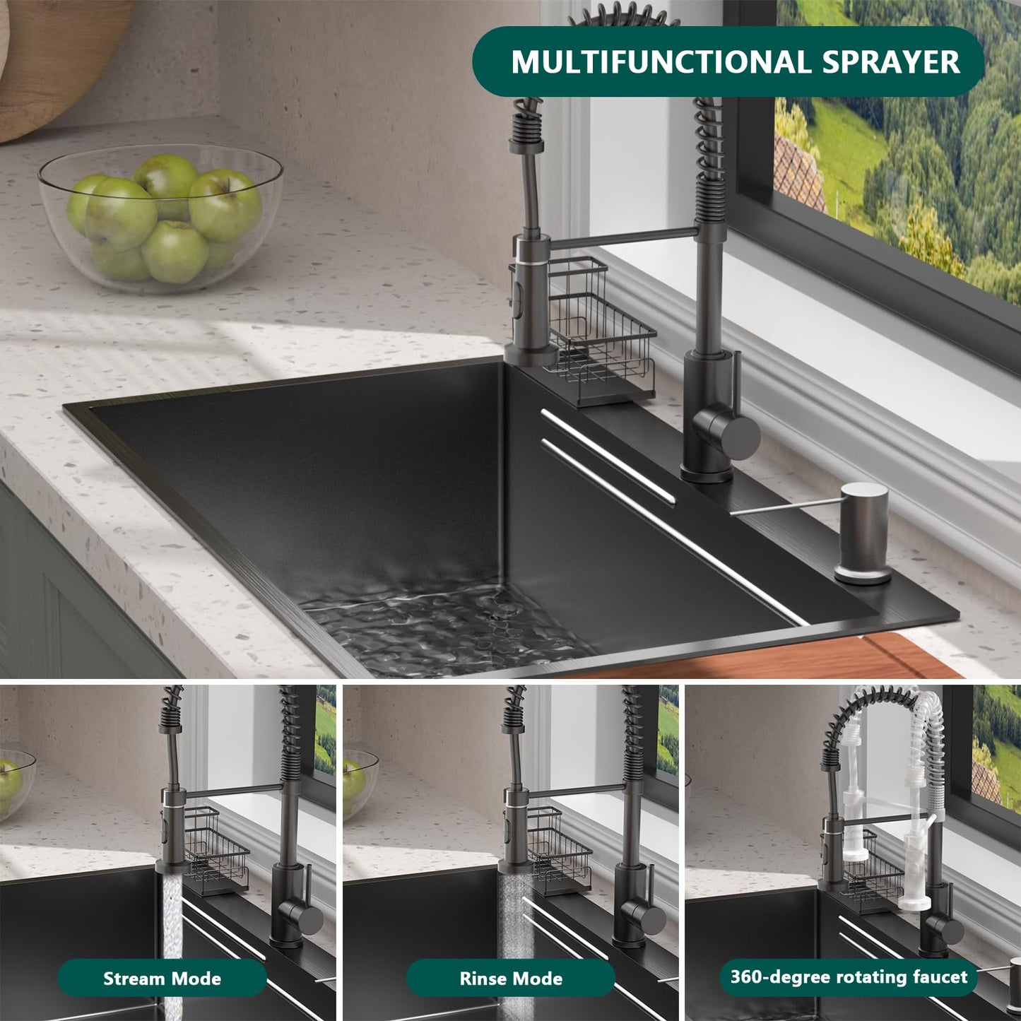 Stainless Steel Kitchen Sink with Faucet: 30-Inch Drop In Single Bowl Farmhouse Workstation Sink - Noise Reducing Design & Accessories Included (Black, 3018)