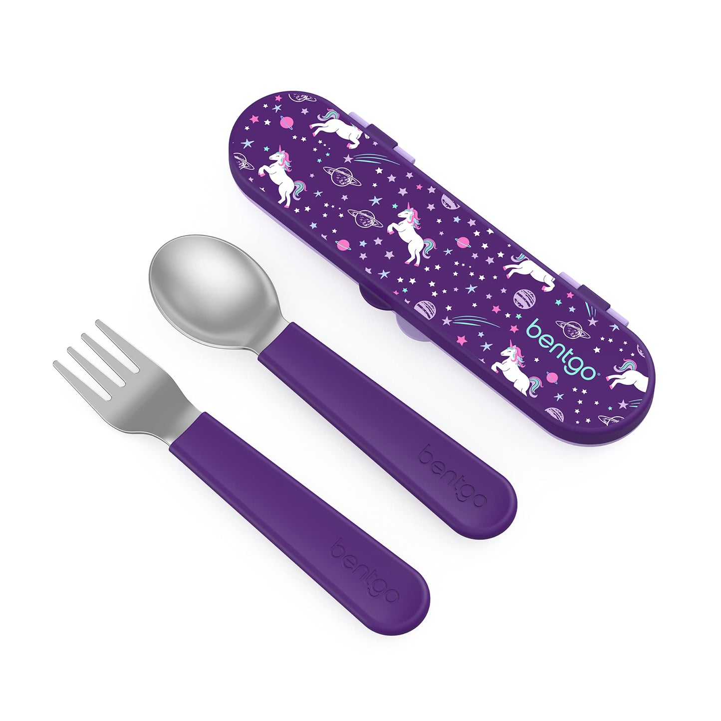 Bentgo Kids Stainless Steel Utensil Set - Reusable Fork, Spoon & Storage Case, PFAS- & BPA-Free, Easy-Grip Handles, Lightweight, Dishwasher Safe, School Lunch, Travel & Outdoors (Unicorn)