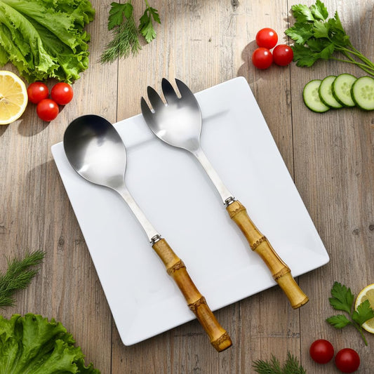 Nature Real Bamboo Handle Serving Set 10 inch Salad Spoon and fork 2-Piece Set Stainless Steel 18/10 Kitchen Utensils Matte Silver