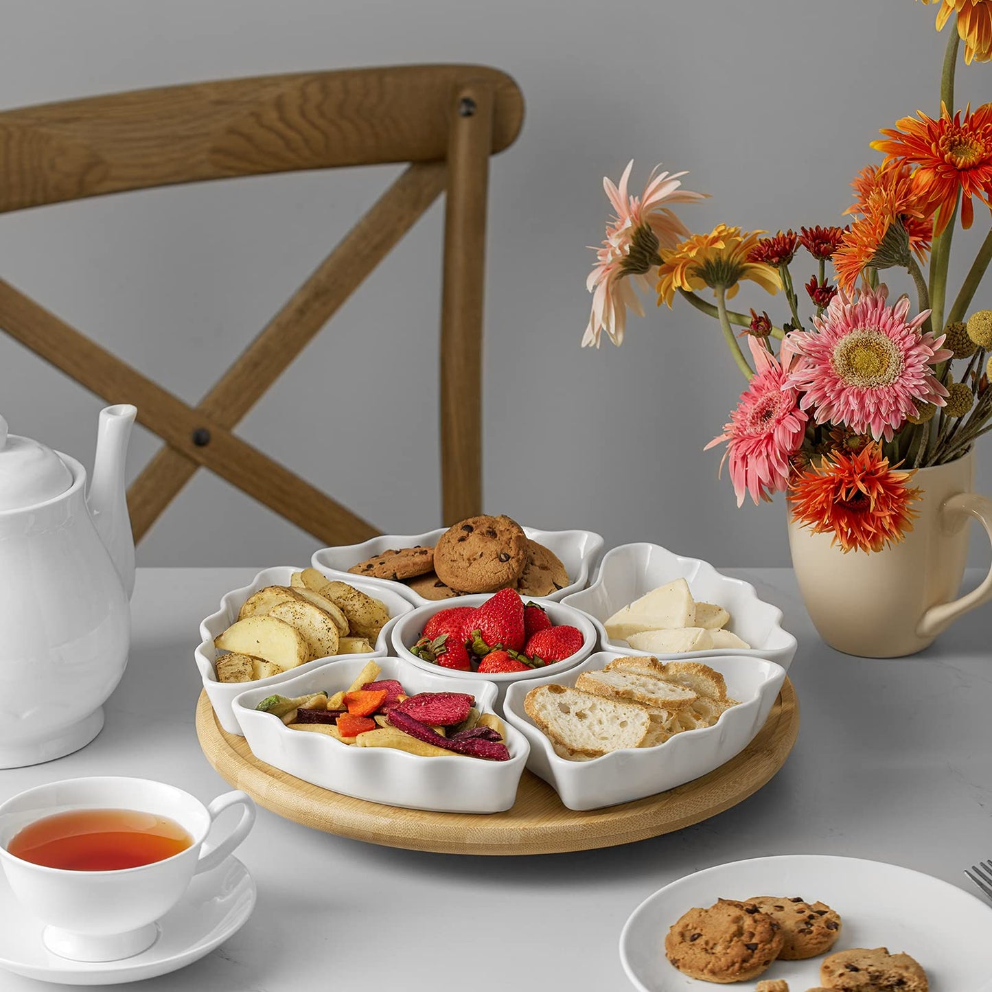 DOWAN 360° Rotatable Serving Tray and Platters, 12 Inch Divided Serving Bowls for Party, Kitchen Decor, Removable Serving Dishes for Chips and Dip, Fruit, Veggies, Candy and Snacks, 7 Pieces, White
