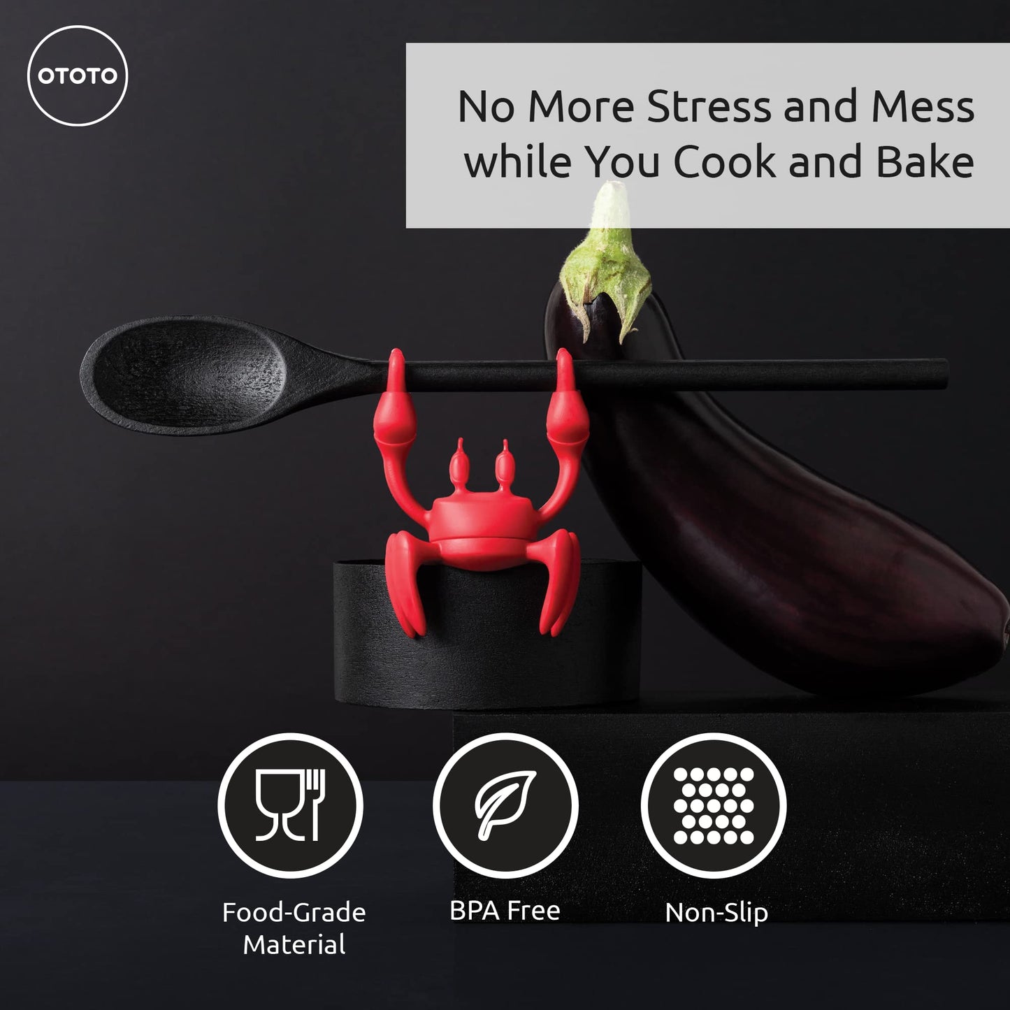 Bundle of 2! OTOTO Jerry the Giraffe Toaster Tongs + OTOTO Red the Crab Silicone Utensil Rest