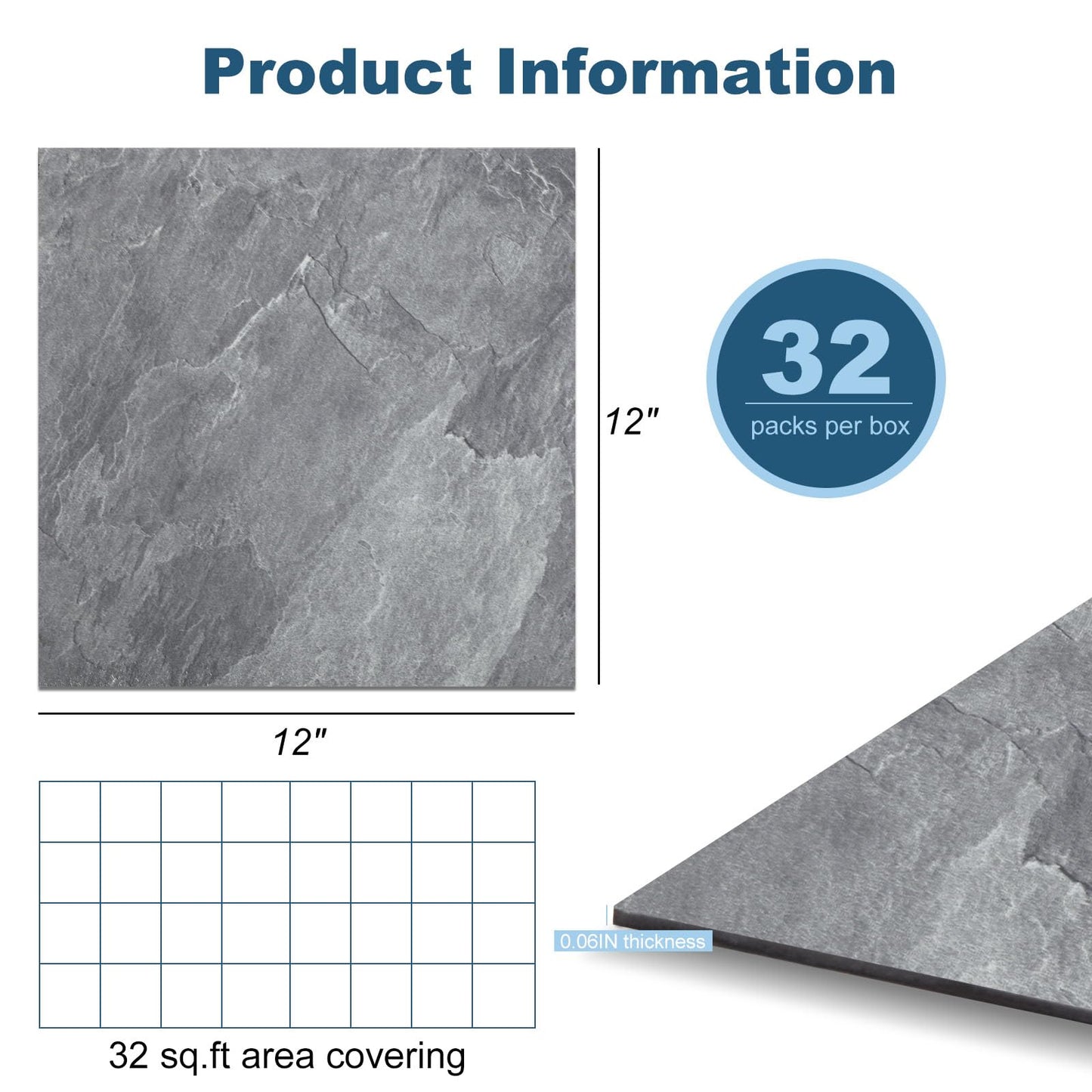 Yipscazo Peel and Stick Floor Tile 32 Sq.Ft Coverage 32-Pack Stone Gray 12" x 12" Vinyl Floor Tiles Self Adhesive Waterproof Perfect for DIY Projects