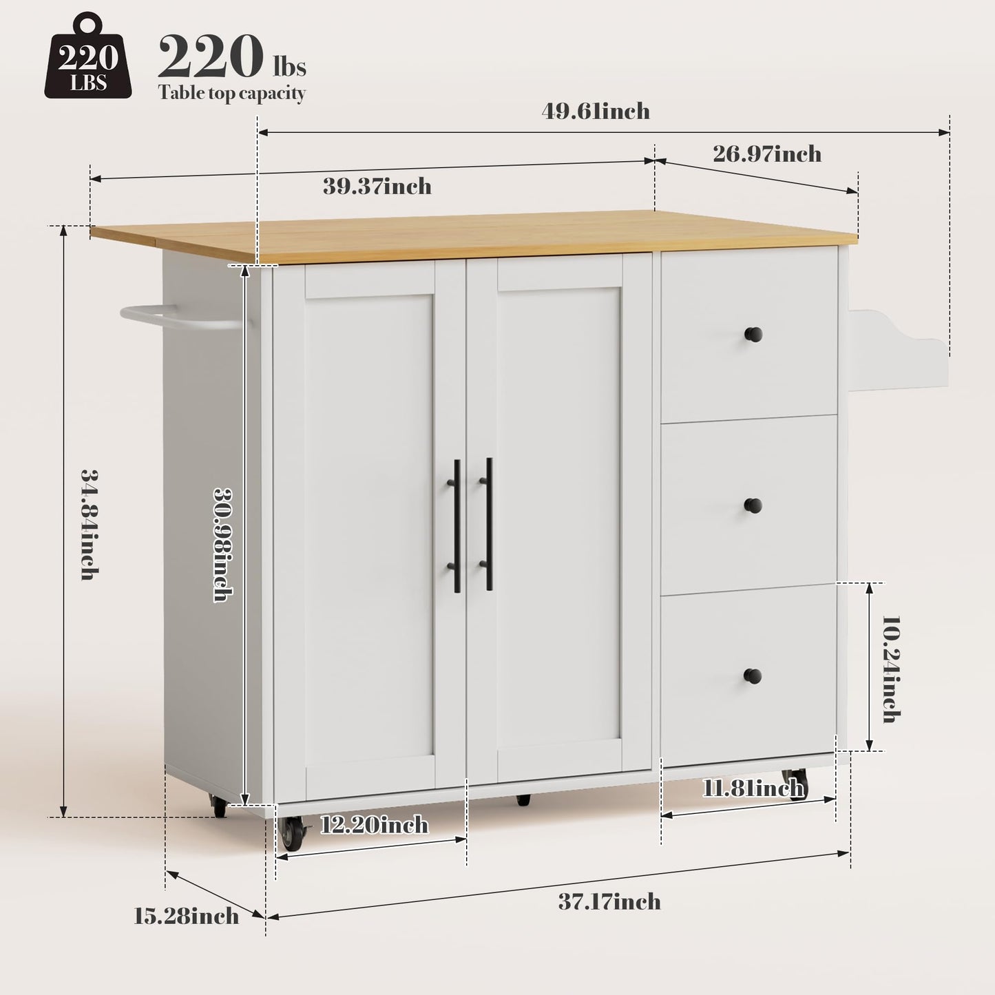 GRUSIGN Kitchen Island on Wheels with Storage-Multifunctional Kitchen Island Cart with Drop Leaf, Rolling Island with Spice/Towel Rack,Expandable Island Table Kitchen,39.37" Width,White